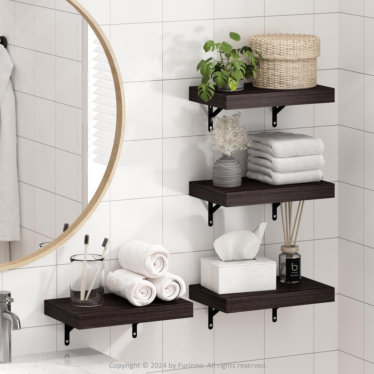 Furinno Tanna Floating Shelves for Wall Set of 2, 22-Inch Bathroom Wall Shelf, Wall Mounted Shelf, for Bathroom Organizers and Storage, Living Room, Natural