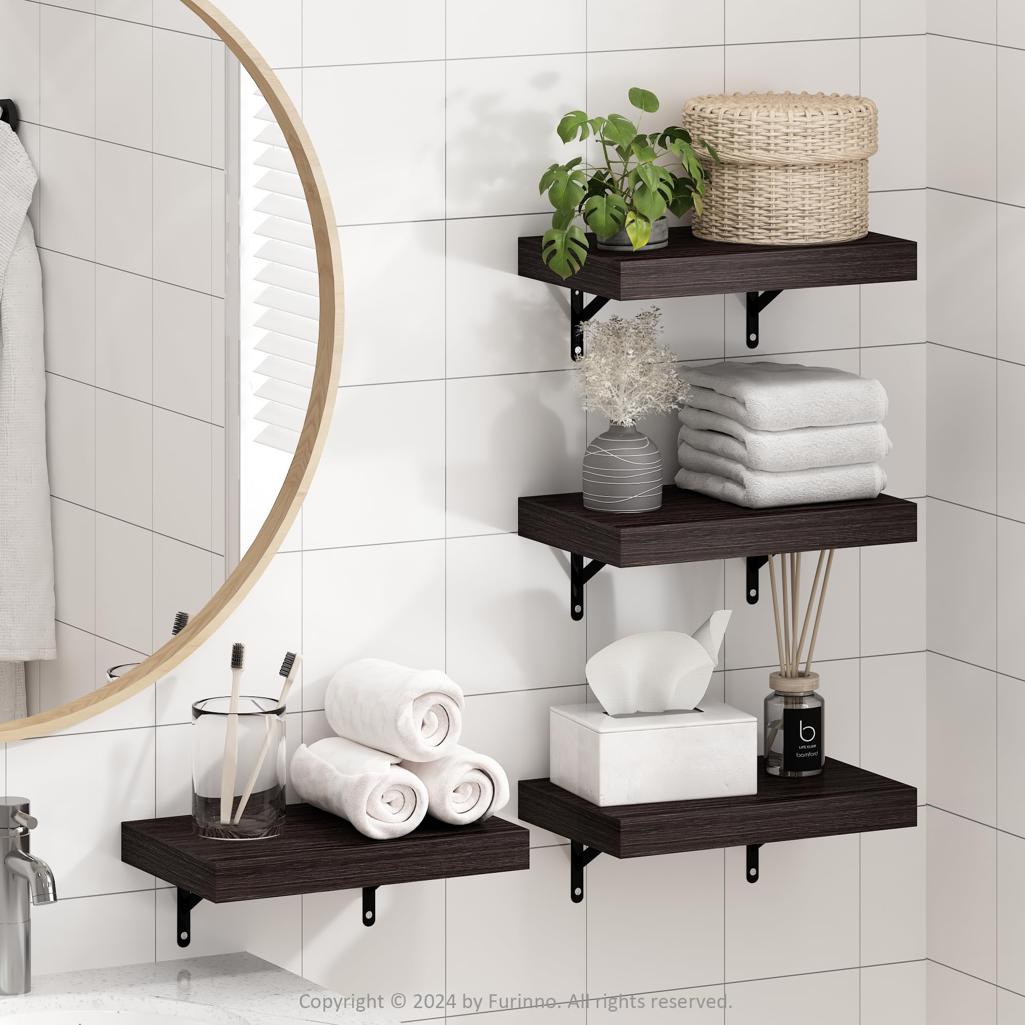 Furinno Tanna Floating Shelves for Wall Set of 2, 15-Inch Bathroom Wall Shelf, Wall Mounted Shelf, for Bathroom Organizers and Storage, Living Room, White Texture