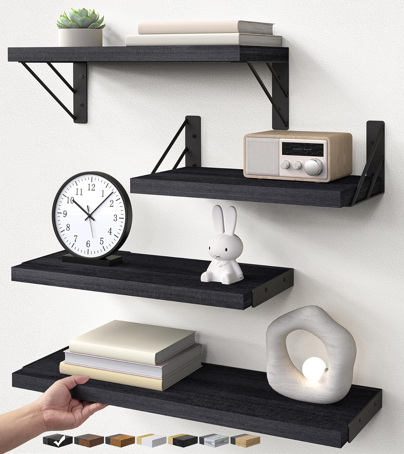 BAYKA Wall Mounted Floating Shelves, Wood Floating Wall Shelf for Books & Decor, Small Space-Saving Display & Organizer（Black，Set of 4）