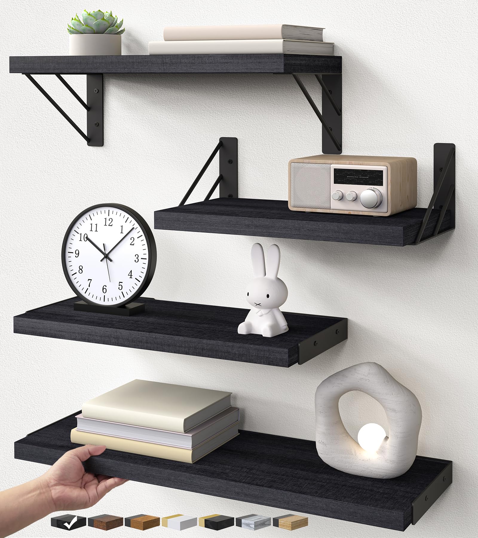 BAYKA Wall Mounted Floating Shelves, Wood Floating Wall Shelf for Books & Decor, Small Space-Saving Display & Organizer（Black，Set of 4）