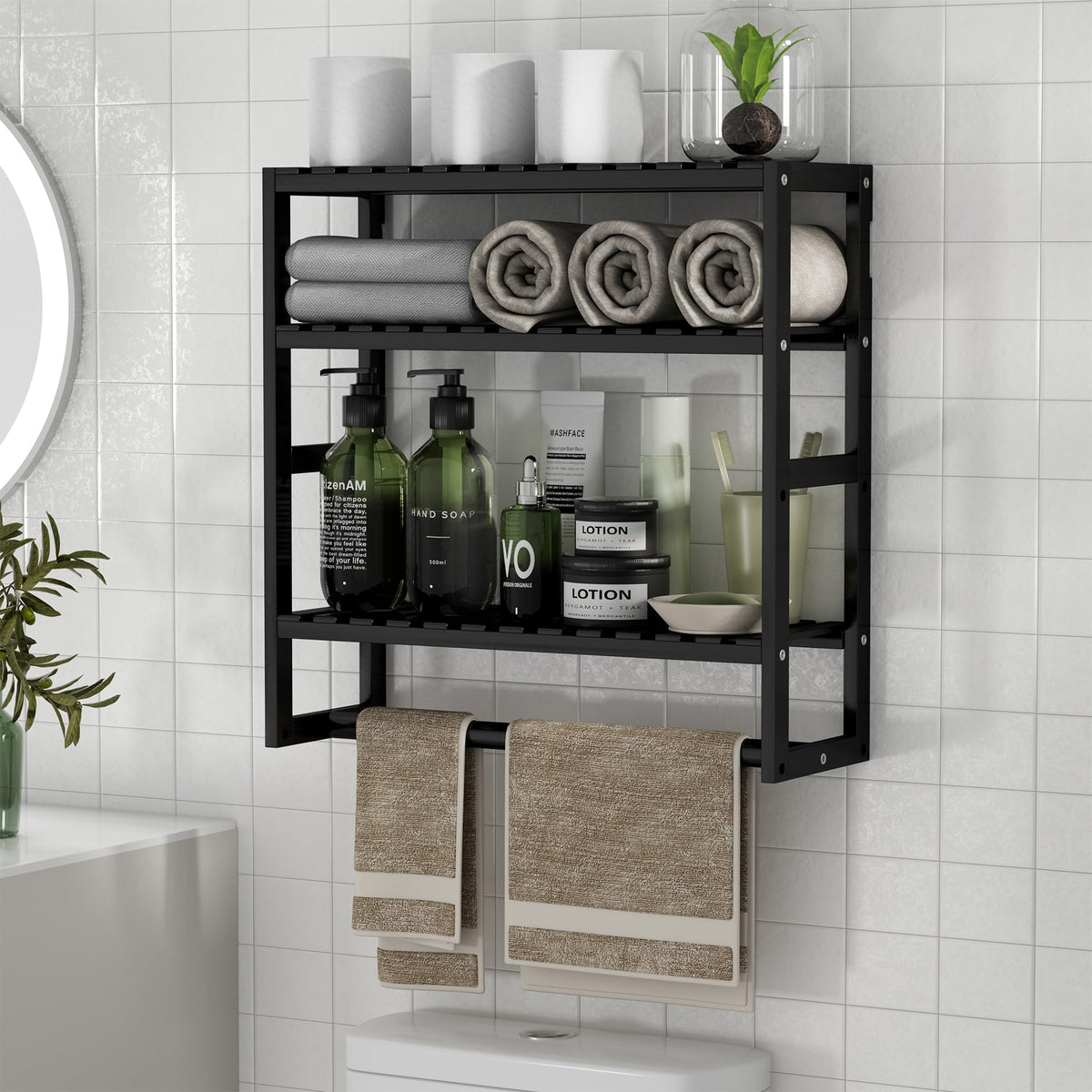 PPN 100% Bamboo Towel Rack Bathroom Storage Shelves Over Toilet Towel Bar
