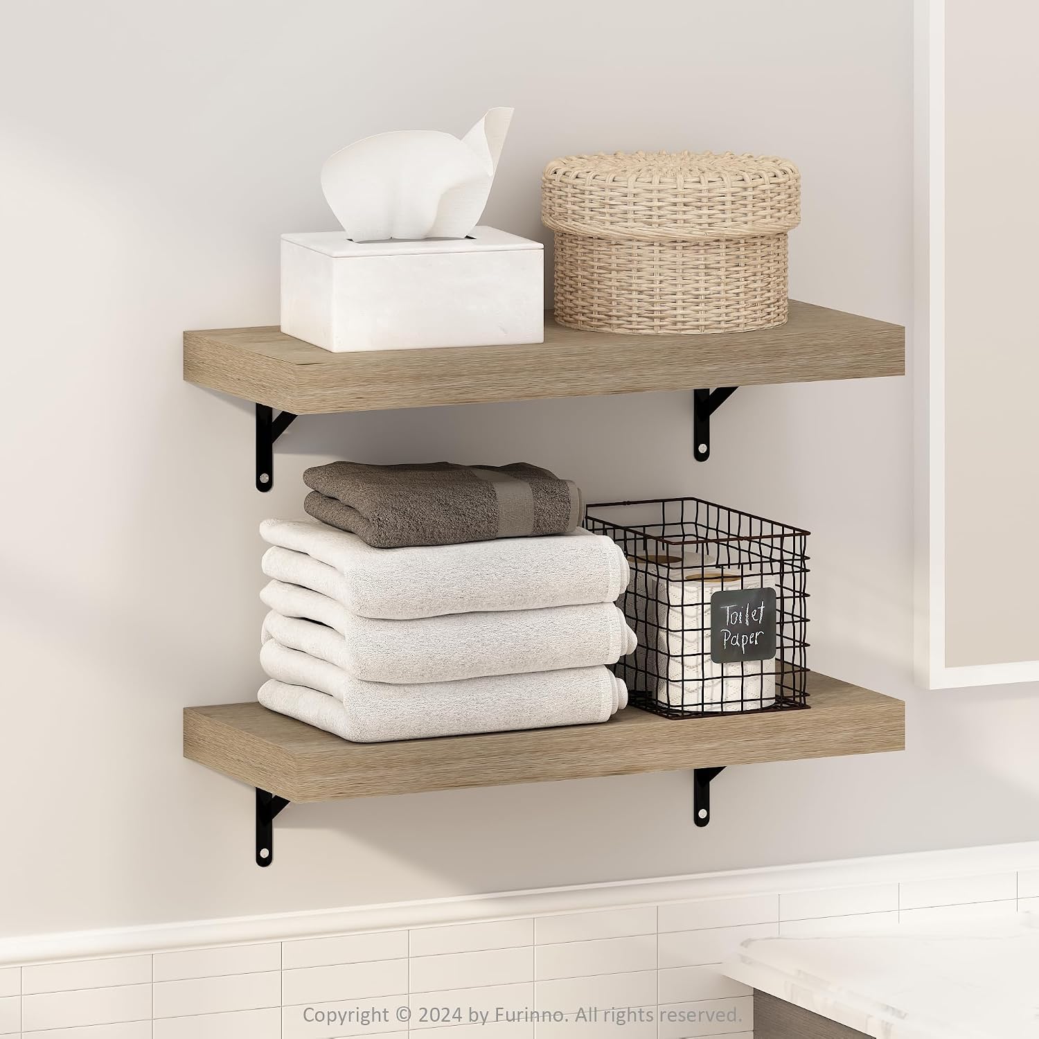 Furinno Tanna Floating Shelves for Wall Set of 2, 22-Inch Bathroom Wall Shelf, Wall Mounted Shelf, for Bathroom Organizers and Storage, Living Room, Natural