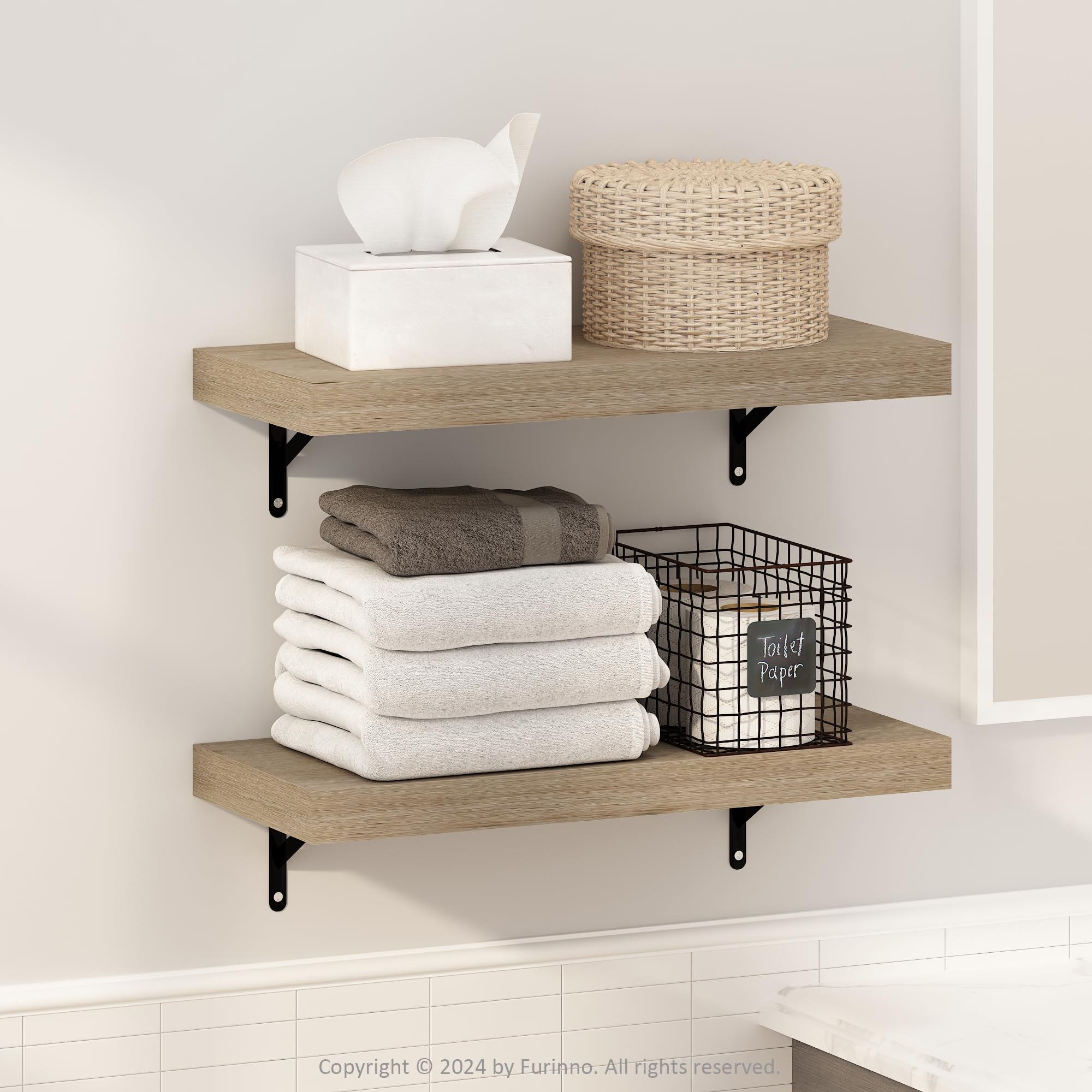 Furinno Tanna Floating Shelves for Wall Set of 2, 22-Inch Bathroom Wall Shelf, Wall Mounted Shelf, for Bathroom Organizers and Storage, Living Room, Natural