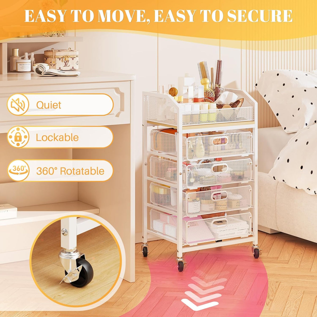 SUNALLY Rolling Makeup Cart with Drawers, Rolling Vanity Nail Cart, White