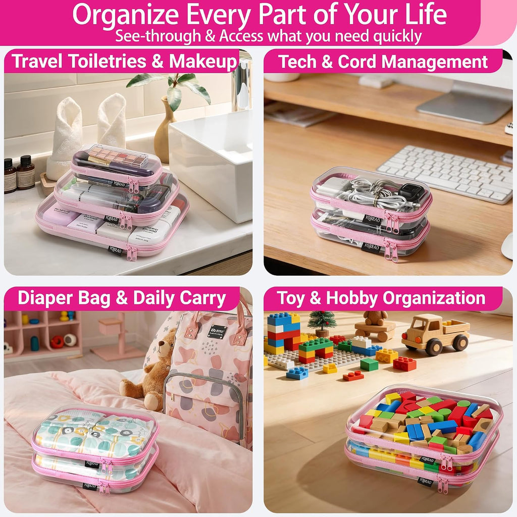 YQBRAO 3-Piece Clear Hard Shell Zipper Case Set, 1L 1M 1S, Pink