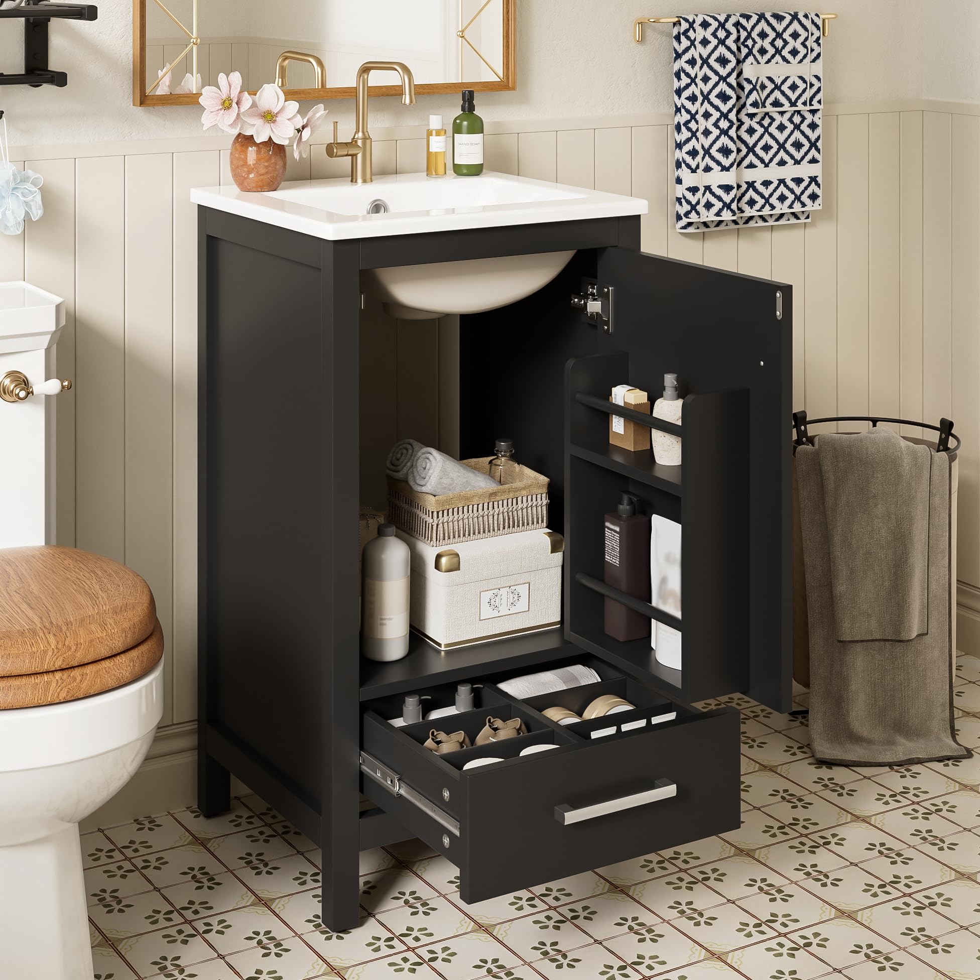 Virubi 20 in Small Bathroom Vanity with Sink, Soft Closing Door,Tilt-Out Drawer and Adjustable Shelf,Solid Wood Frame Modern Single Bathroom Sink Cabinet with Storage, Freestanding, Natural Wood