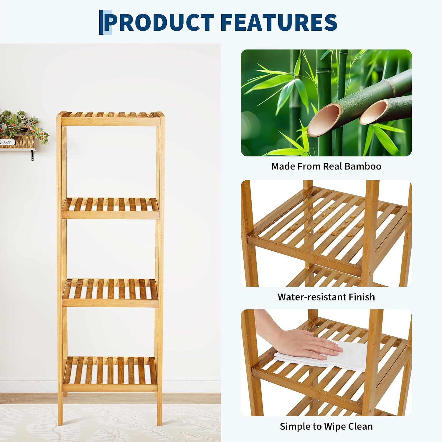 4 Tier Bathroom Shelf, Waterproof Bamboo Shelf for Bathroom