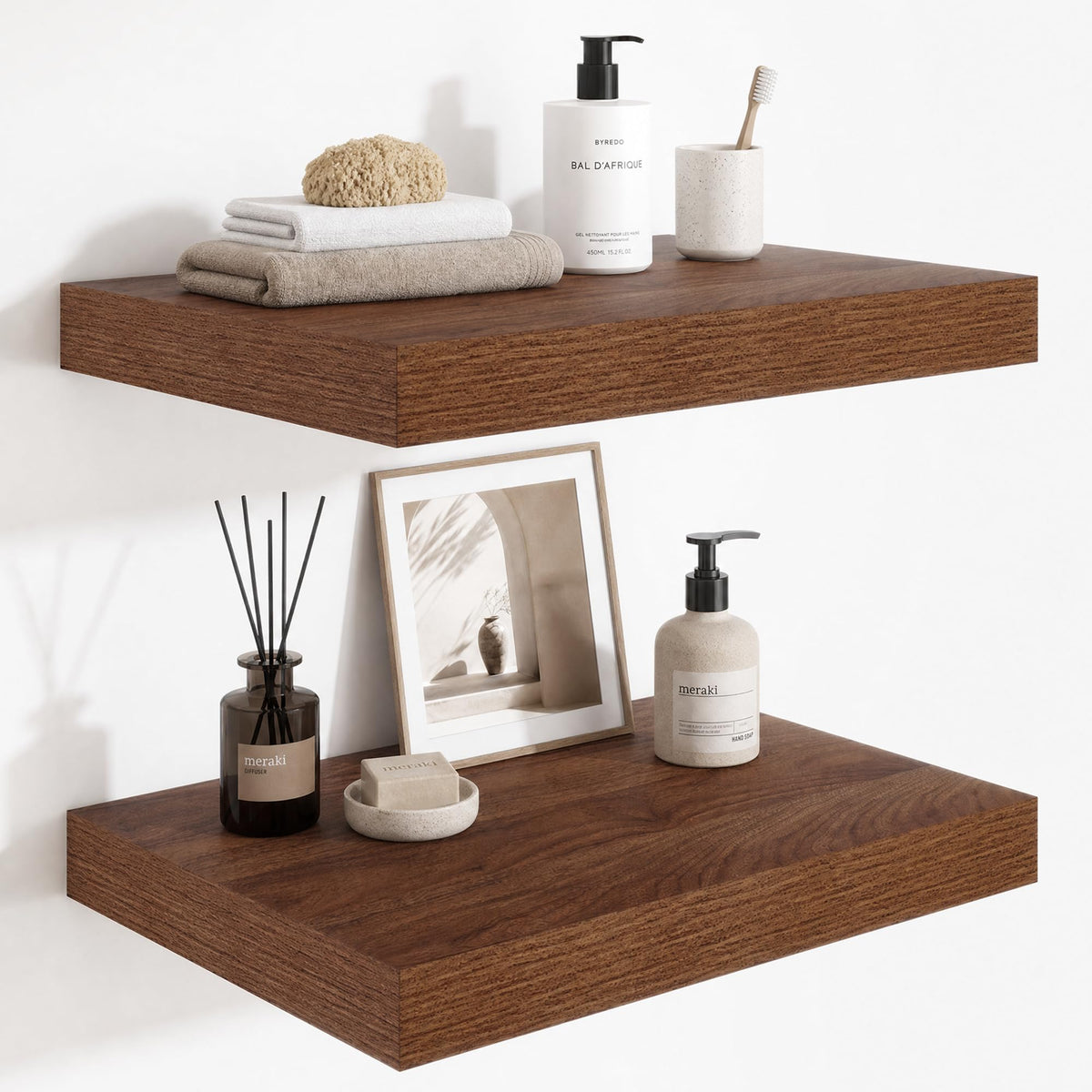 Deep Floating Shelves for Wall, 12 Inch Wide Small Wall Shelves Set of 2, 2 Inch Thick Invisible Wall Mounted Shelves for Bathroom Bedroom Nursery,Walnut Color