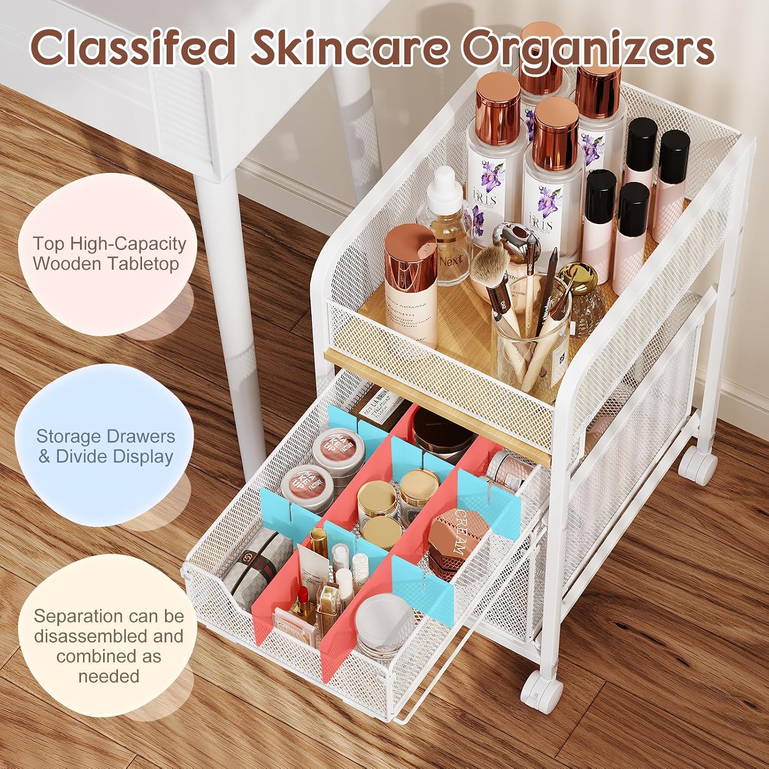 Hongtamoya Rolling Makeup Cart Organizer with 2 Drawers, Under Desk Storage
