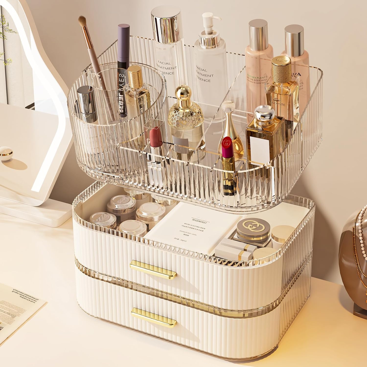 Makeup Organizer with 360 Rotating Brush Holder and Stackable Drawers, Cosmetic Display Case for Vanity, Bathroom Countertop (White, 3 Layer)
