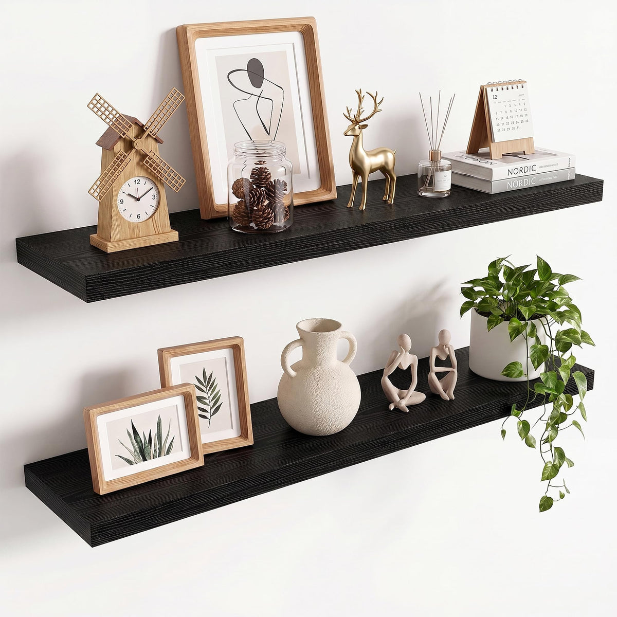 36in Floating Shelves for wall Set of 2, Black Wall Mounted Shelf 9.3in Deep for Wall Decor, Hanging Shelf 1.5in Thick for Living Room, Bedroom, Bathroom, Kitchen, Office