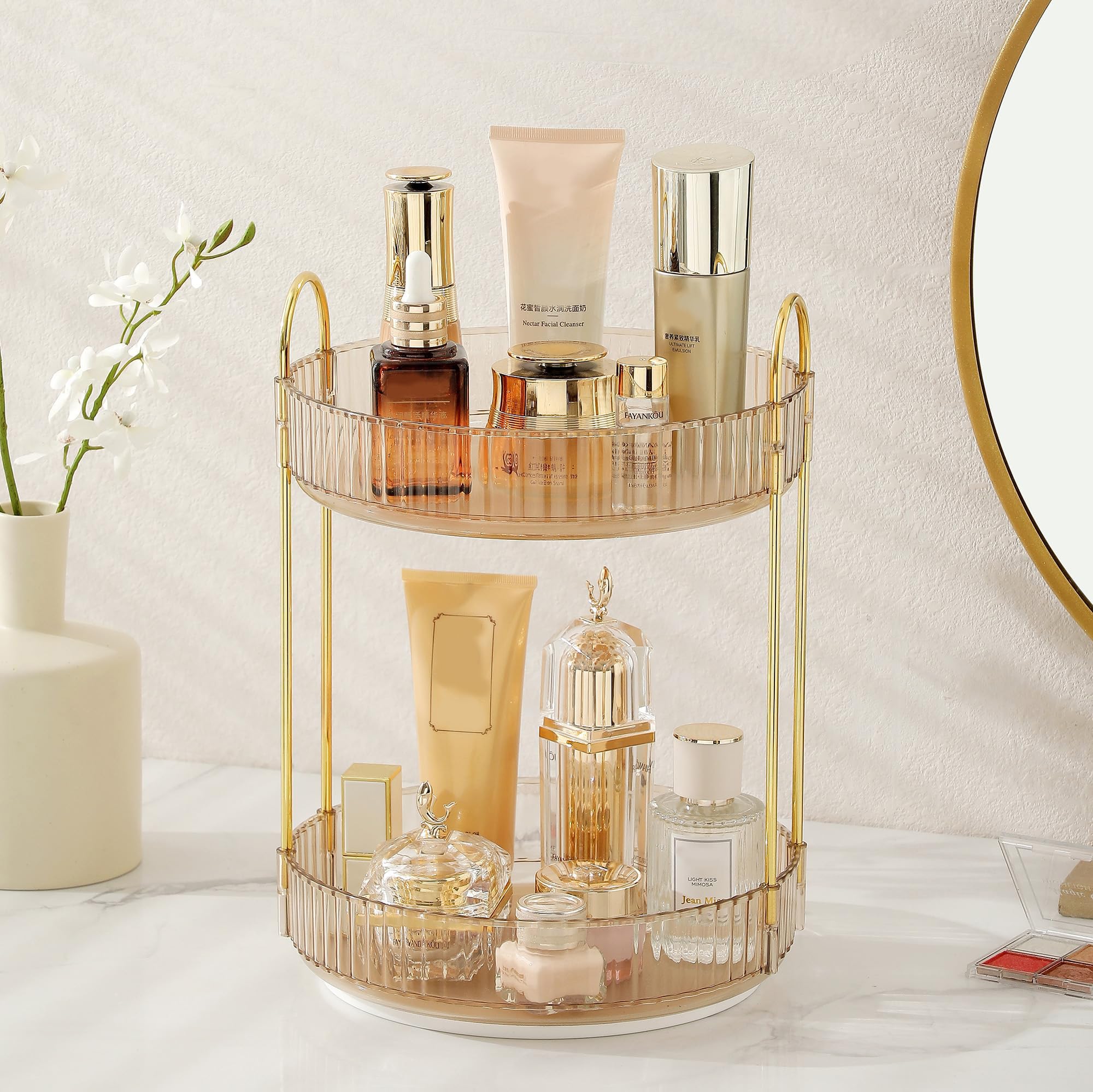Aveniee 3-Tier 360° Rotating Makeup Organizer, Clear Spinning Perfume Cosmetic Storage for Vanity Countertop, Sturdy Metal Pole Skincare Holder Stand for Bathroom Dresser, White