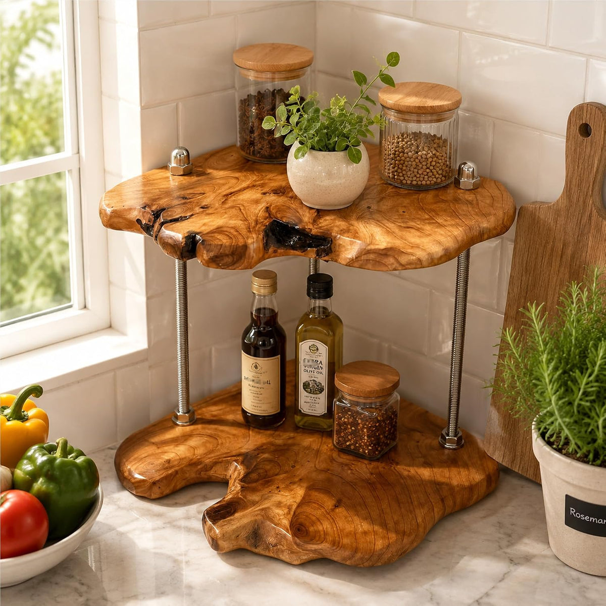 2-Tier Counter Corner Shelf ,Counter Corner Organizer,Natiral Edge Cedar Wood Bathroom Counter Organizer for Vanity Countertop Storage and Organization for Bathroom Kitchen Coffee Area, Over Sink