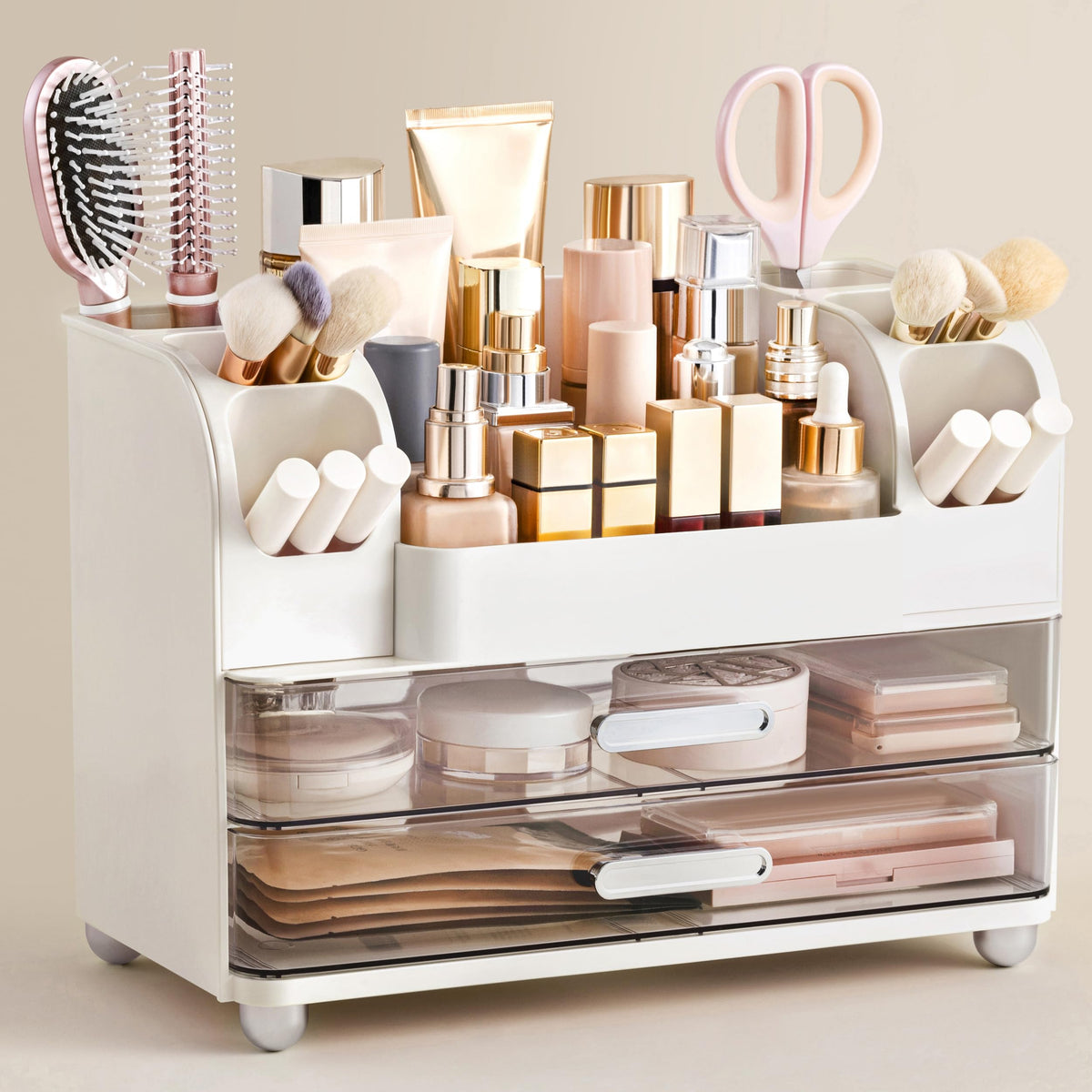 HBlife Makeup Organizer for Vanity with Brush Holder, Large Bathroom Countertop Cosmetic Organizer Skin Care Storage, Easy to Store Lipsticks, Nail Polishes, Perfumes, Eyeshadow Palettes, All White