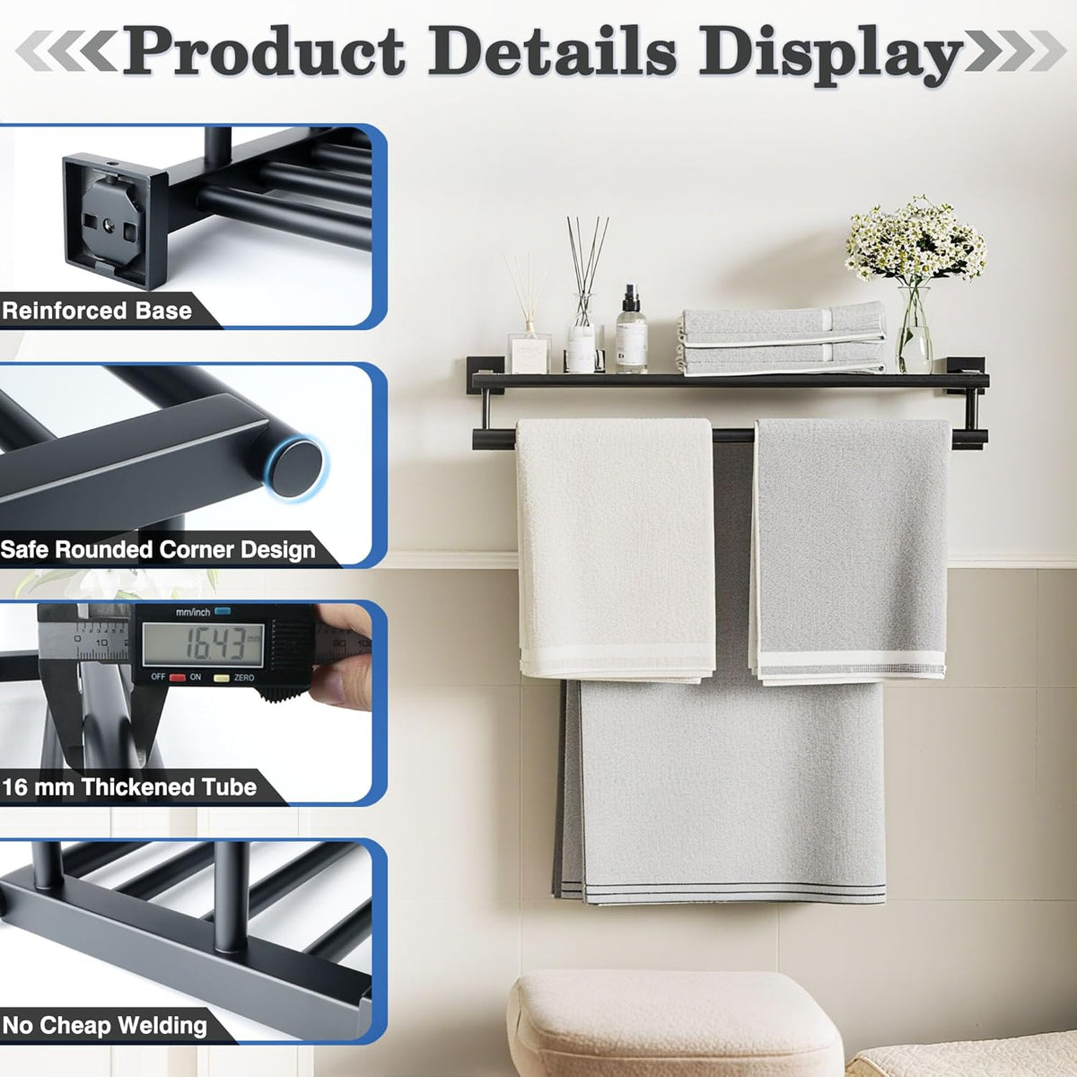 Alise Double Towel Rack for Bathroom Wall Mounted 24 Inch,Matte Black