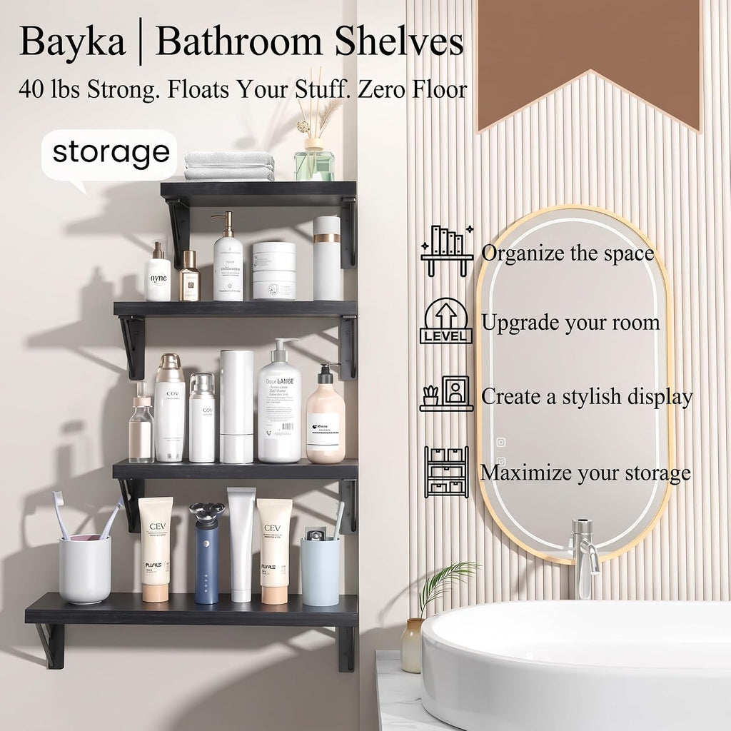 BAYKA Wall Mounted Floating Shelves, Wood Floating Wall Shelf for Books & Decor, Small Space-Saving Display & Organizer（Black，Set of 4）