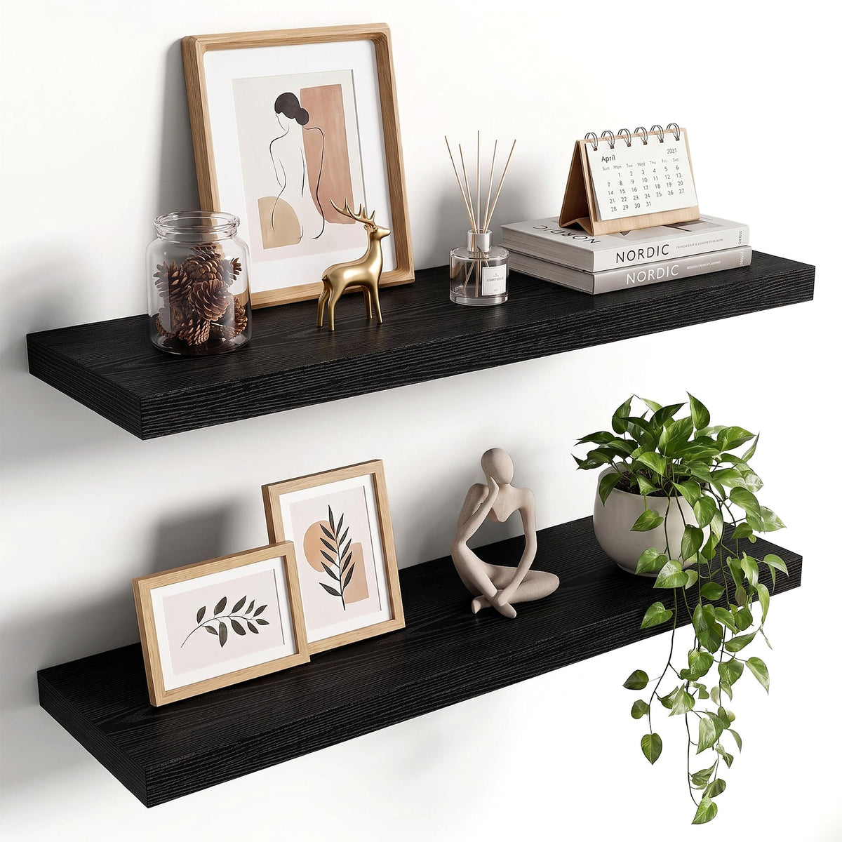 36in Floating Shelves for wall Set of 2, Black Wall Mounted Shelf 9.3in Deep for Wall Decor, Hanging Shelf 1.5in Thick for Living Room, Bedroom, Bathroom, Kitchen, Office