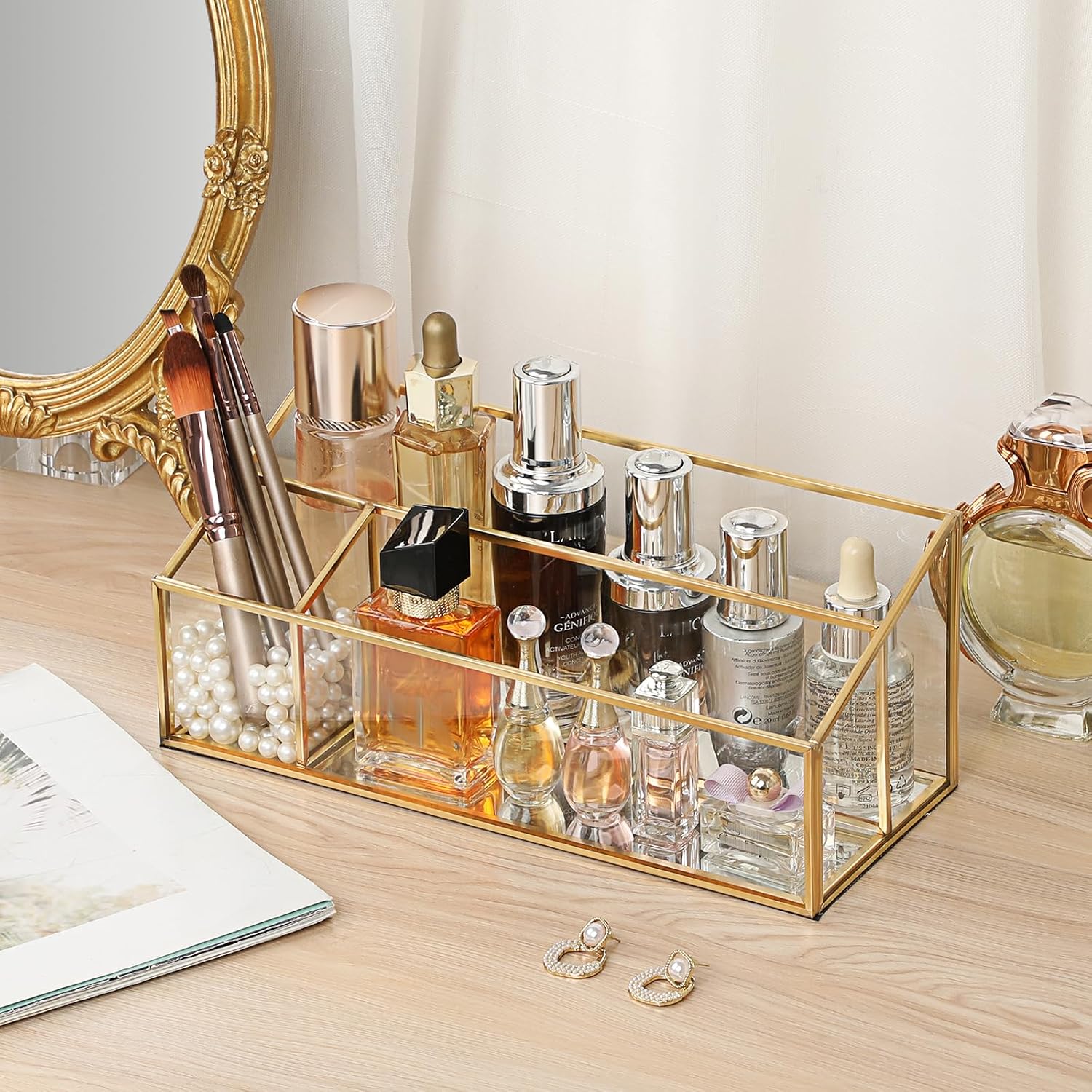 Hipiwe Vintage Gold Makeup Organizer, Mirrored Glass 3 Slots Vanity Holder