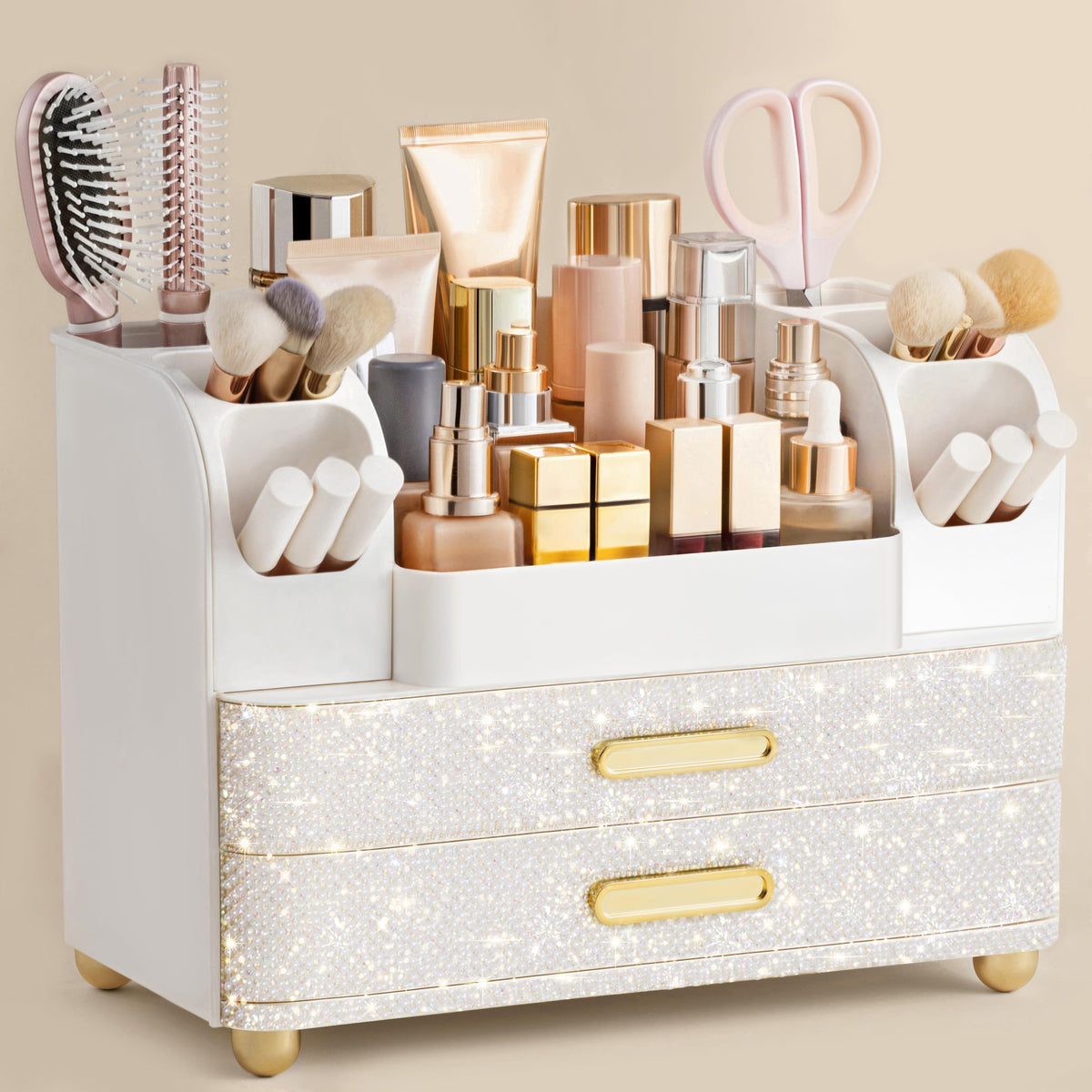 HBlife Makeup Organizer for Vanity with Brush Holder, Large Bathroom Countertop Cosmetic Organizer Skin Care Storage, Easy to Store Lipsticks, Nail Polishes, Perfumes, Eyeshadow Palettes, All White