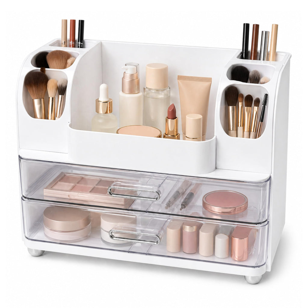 ROOM127 Makeup Organizer for Vanity with 2 Clear Drawers and Brush Holders