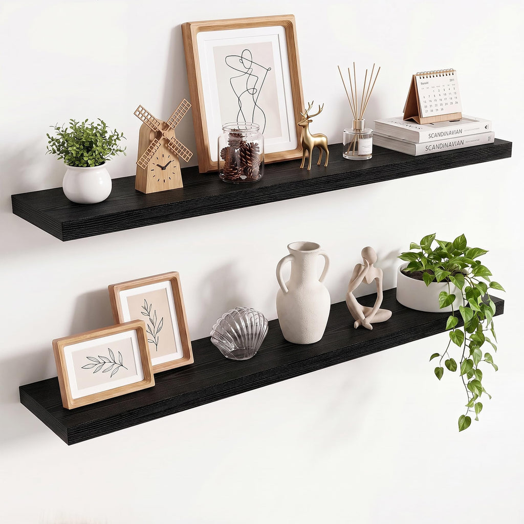 36in Floating Shelves for wall Set of 2, Black Wall Mounted Shelf 9.3in Deep for Wall Decor, Hanging Shelf 1.5in Thick for Living Room, Bedroom, Bathroom, Kitchen, Office