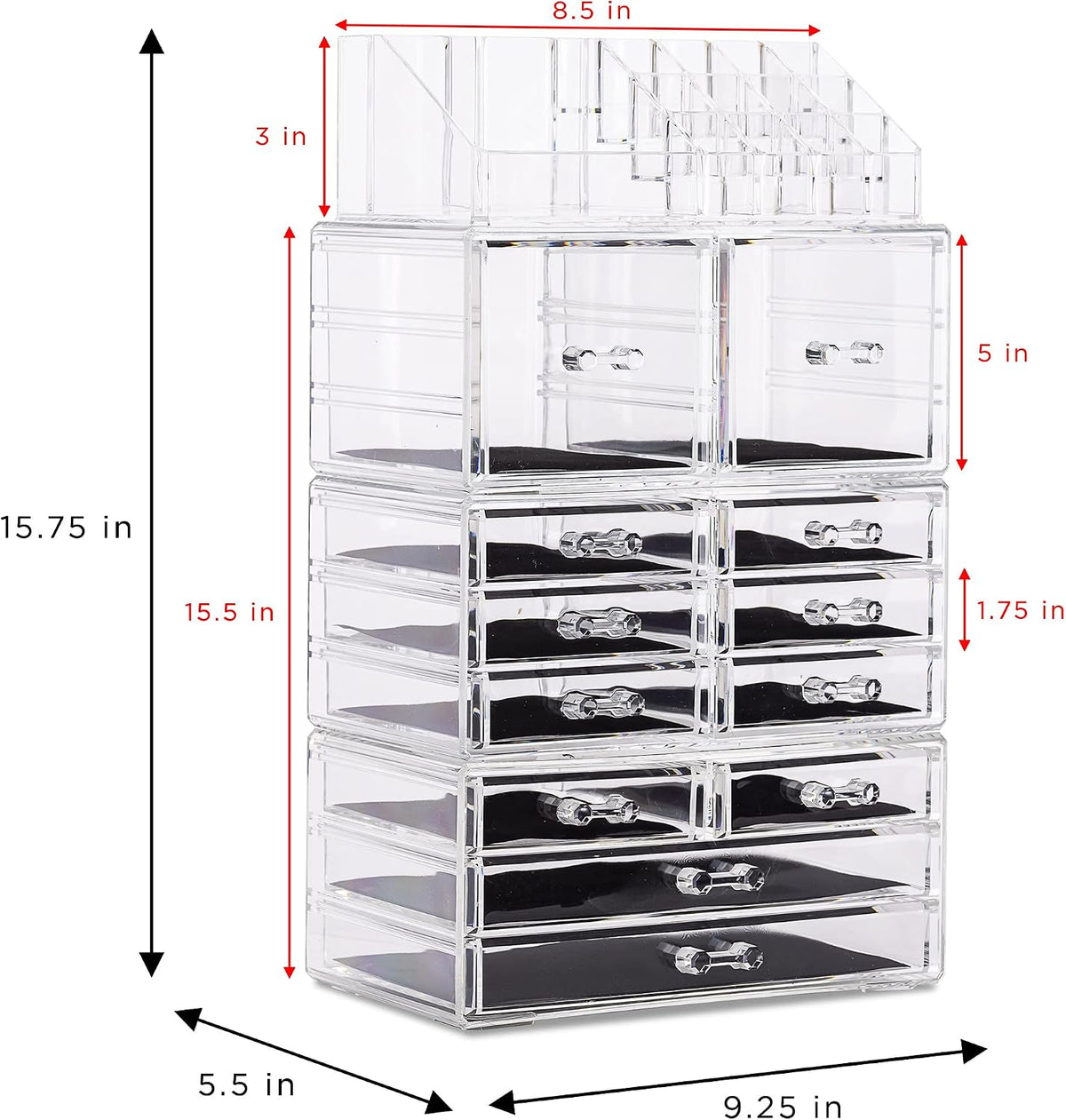 Sorbus Large Makeup Organizer - Clear Stackable Jewelry Makeup Organizer for Vanity, Bathroom Storage Display Case - 12 Drawers Cosmetic Beauty Organizers and Storage with Lipstick Makeup Brush Holder