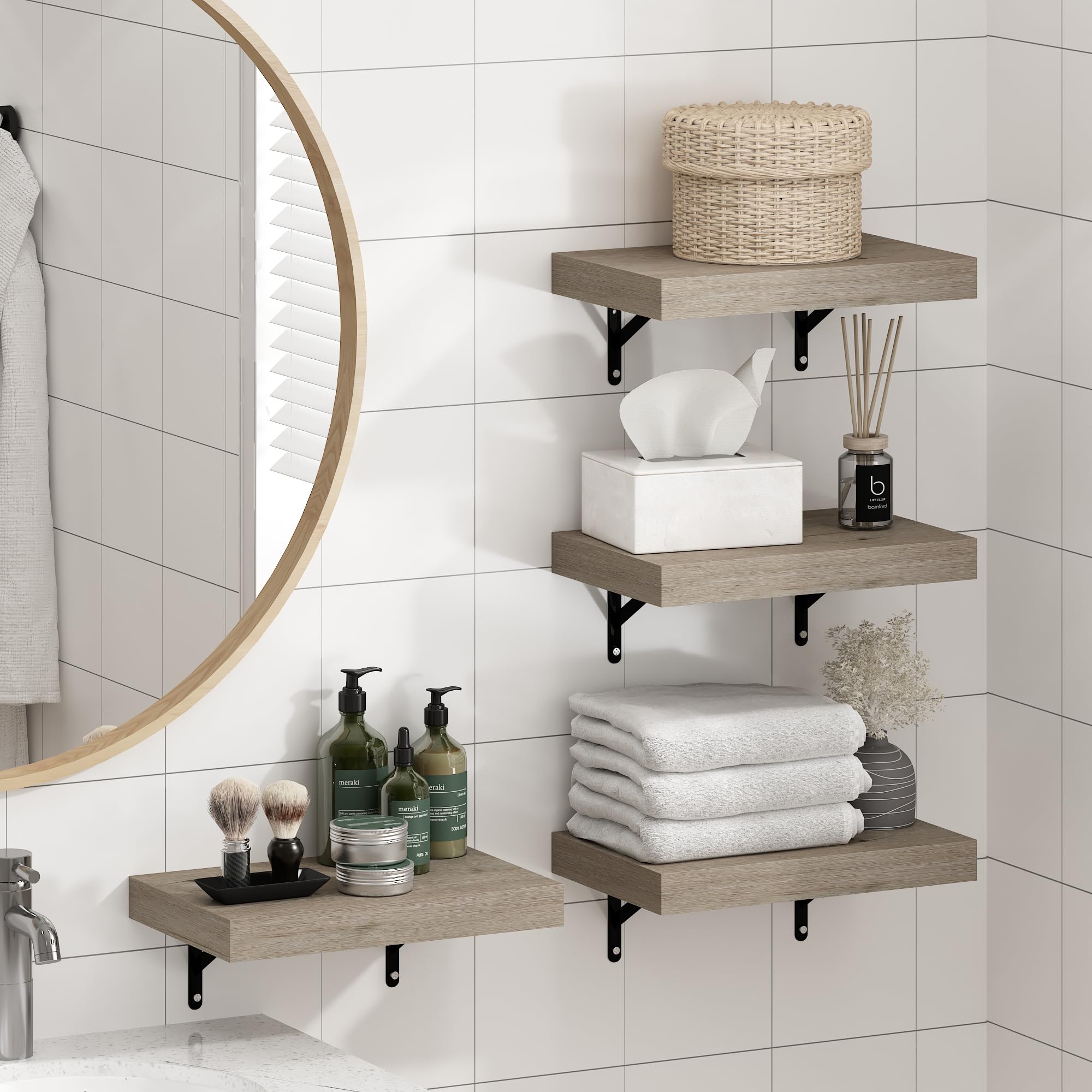 Furinno Tanna Floating Shelves for Wall Set of 2, 22-Inch Bathroom Wall Shelf, Wall Mounted Shelf, for Bathroom Organizers and Storage, Living Room, Natural