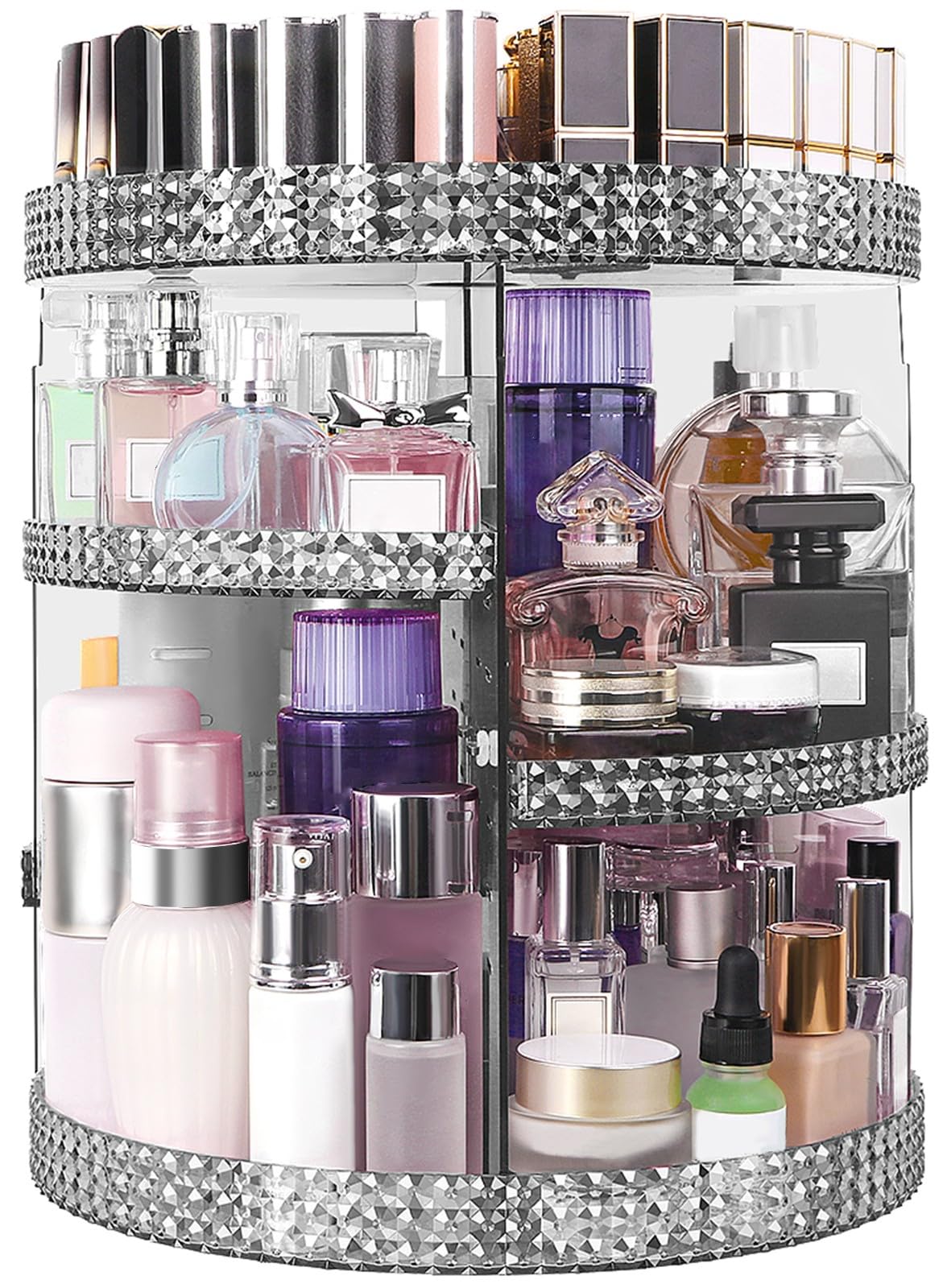 Makeup Organizer 360 rotating, Adjustable Skincare Organizers with Brush Holder, Cosmetics Display Cases for Vanity Bathroom Countertop Large Capacity Carousel Make up Caddy Shelf (Black)