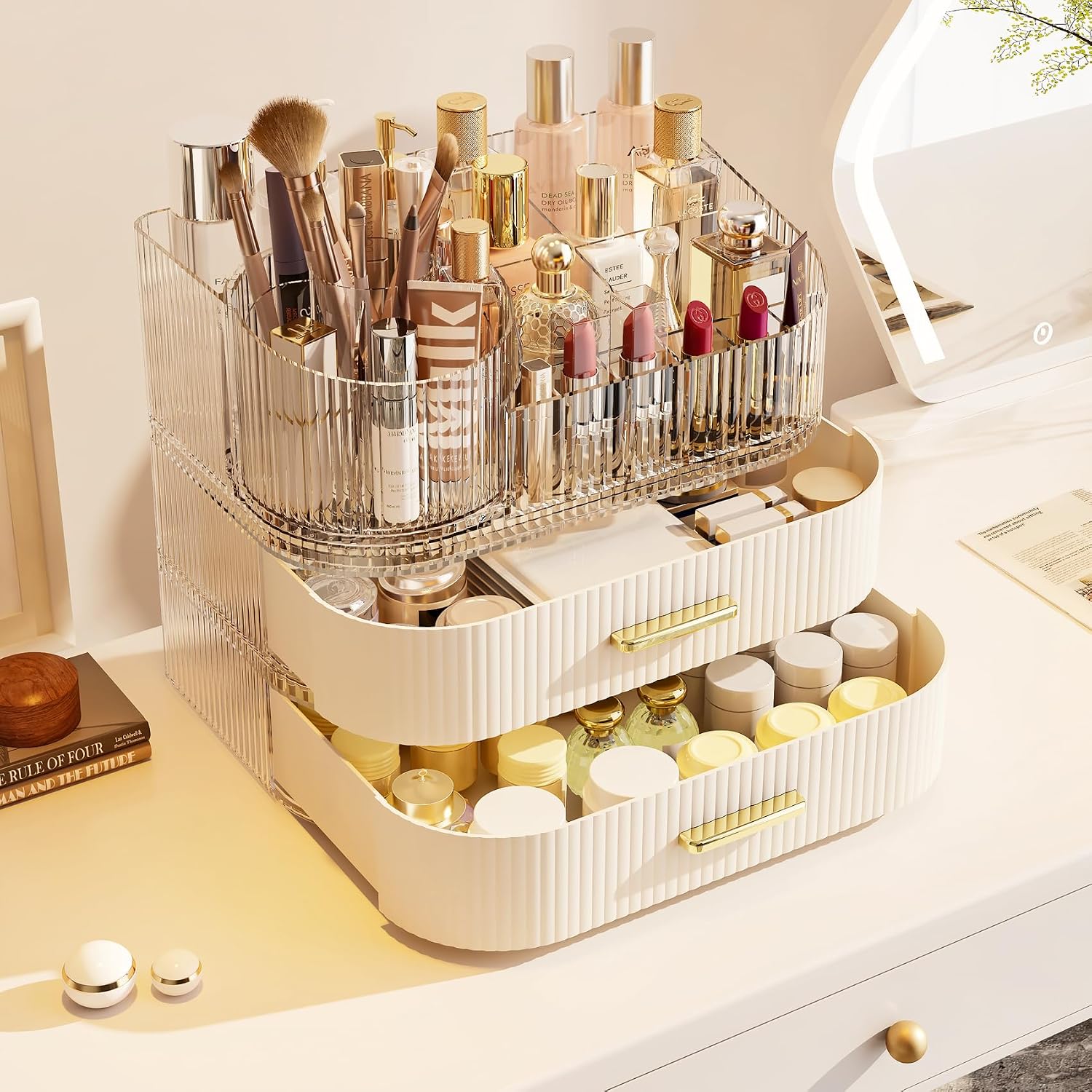 Makeup Organizer with 360 Rotating Brush Holder and Stackable Drawers, Cosmetic Display Case for Vanity, Bathroom Countertop (White, 3 Layer)