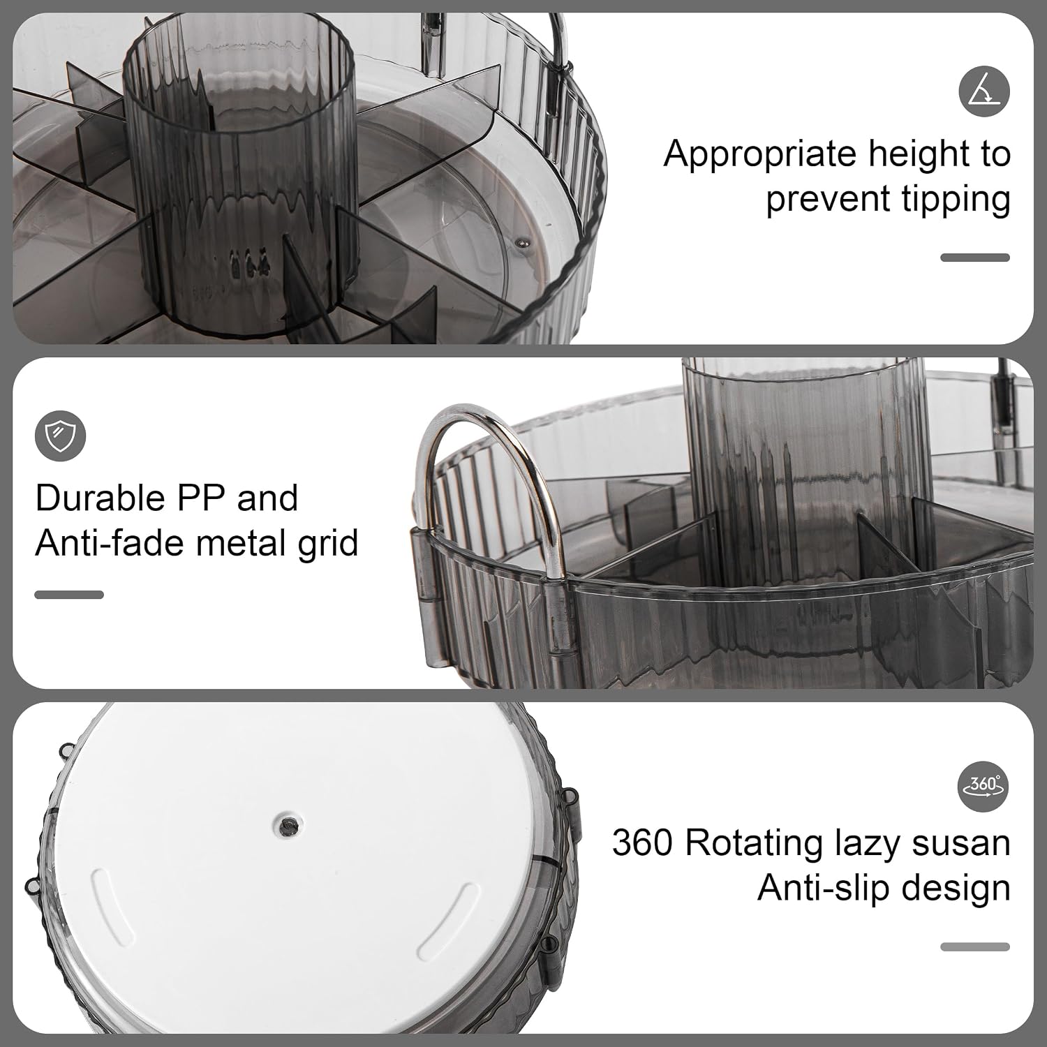 YCIA&DONE 360 Rotating Makeup Organizer and Storage for Vanity Countertop 3 Tiers, High Capacity Cosmetic Skincare Perfume Organizers for Dresser Bathroom Lazy Susan (Smoky Gray)