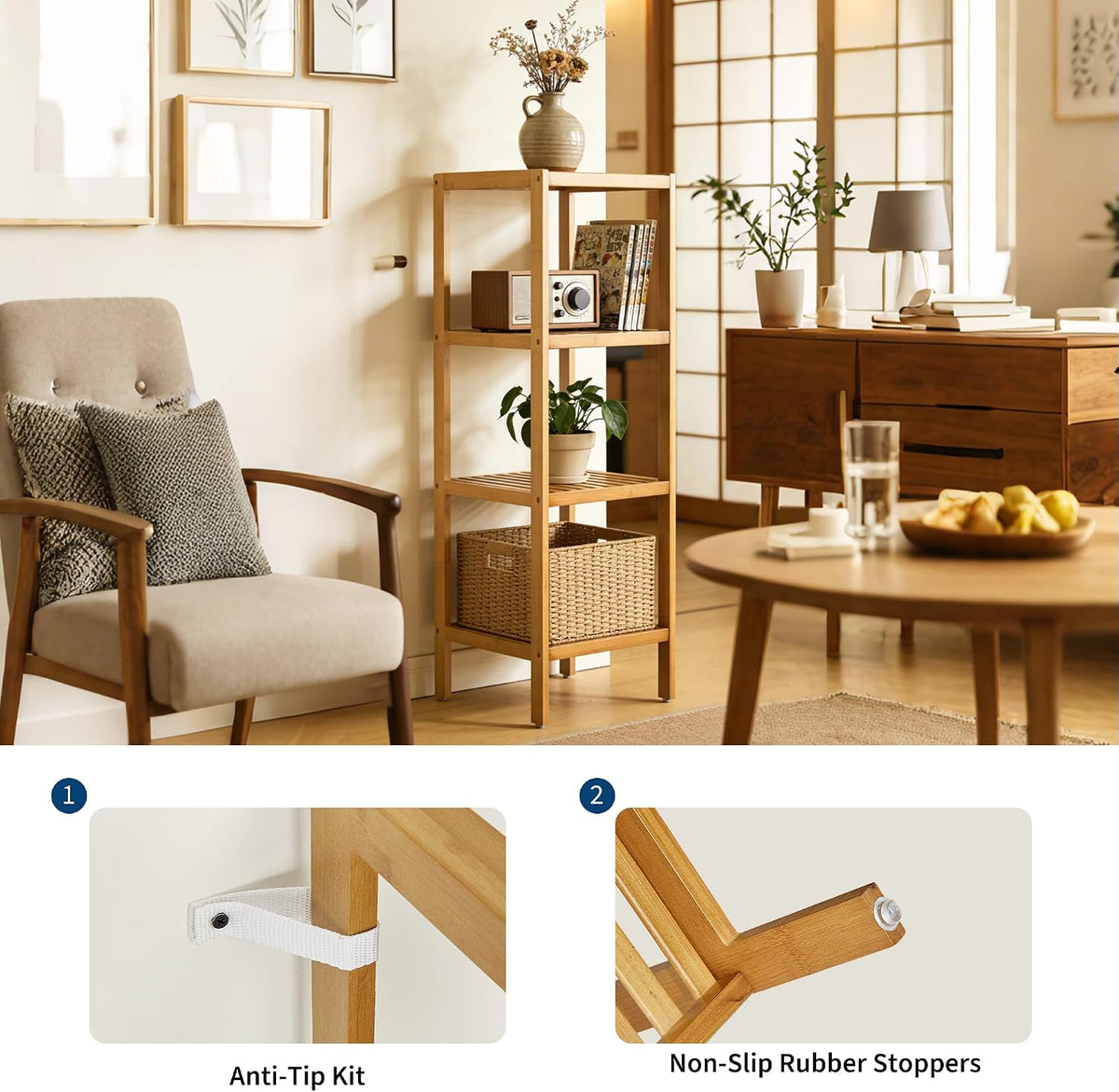 4 Tier Bathroom Shelf, Waterproof Bamboo Shelf for Bathroom