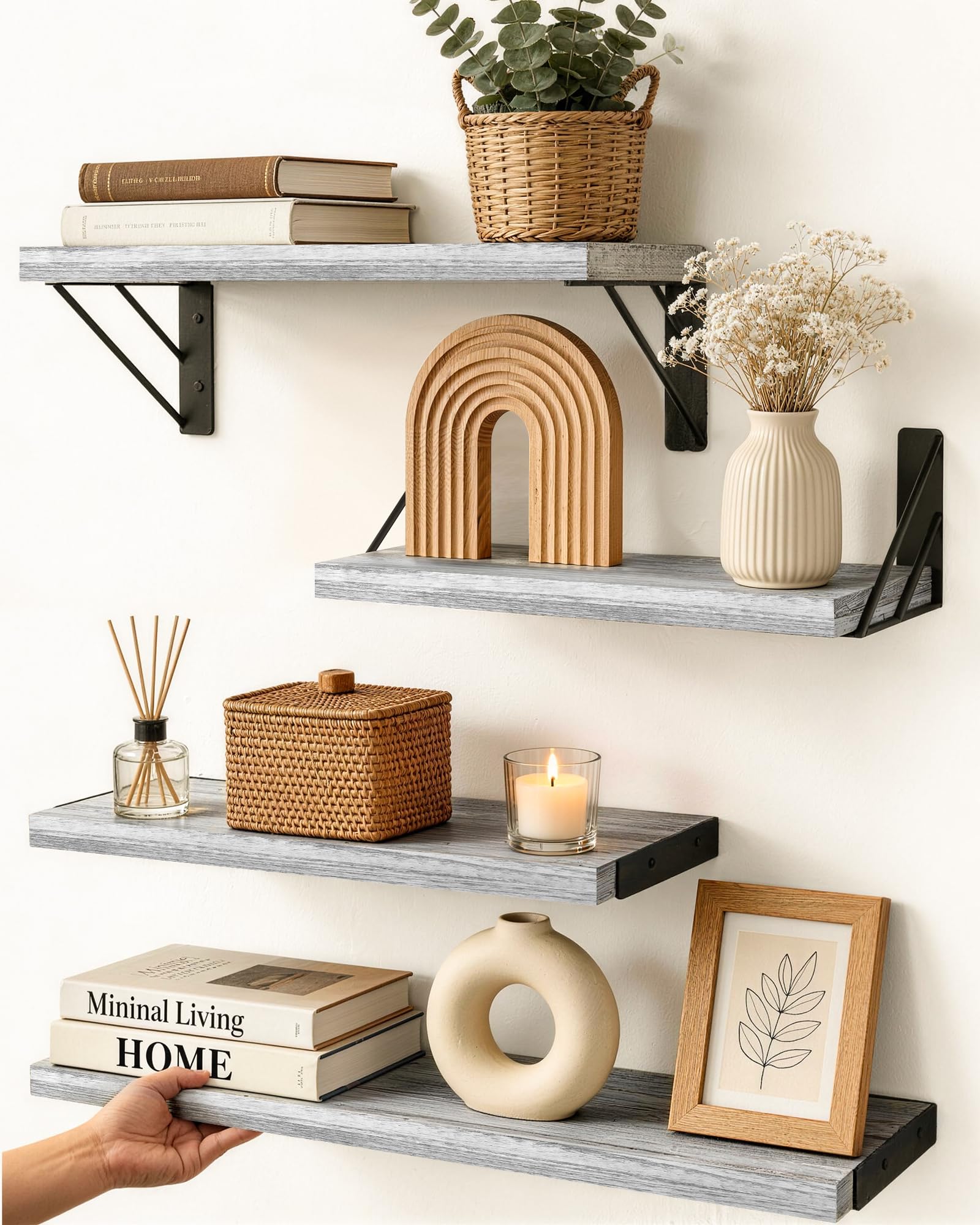 BAYKA Floating Shelves for Wall, Book Shelf for Bedroom, Decor Shelves for Living Room Kitchen, Mounted Wood Floating Shelf for Home Decor, Corner Shelf for Bathroom, Office(Dark Brown,Set of 4)