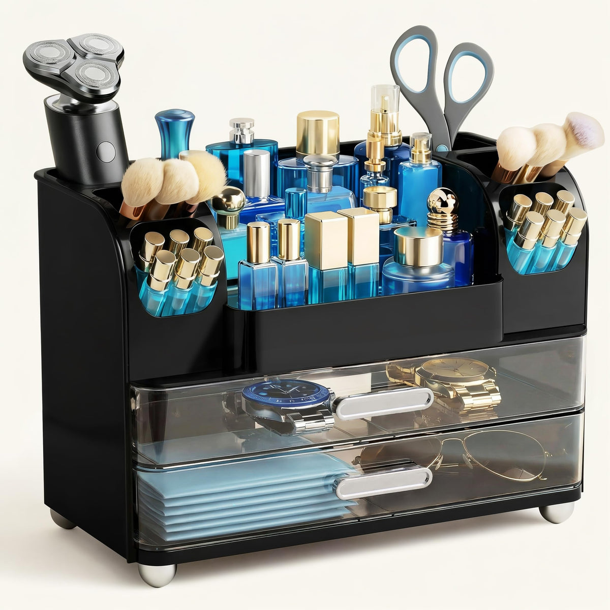 HBlife Makeup Organizer for Vanity with Brush Holder, Large Bathroom Countertop Cosmetic Organizer Skin Care Storage, Easy to Store Lipsticks, Nail Polishes, Perfumes, Eyeshadow Palettes, All White