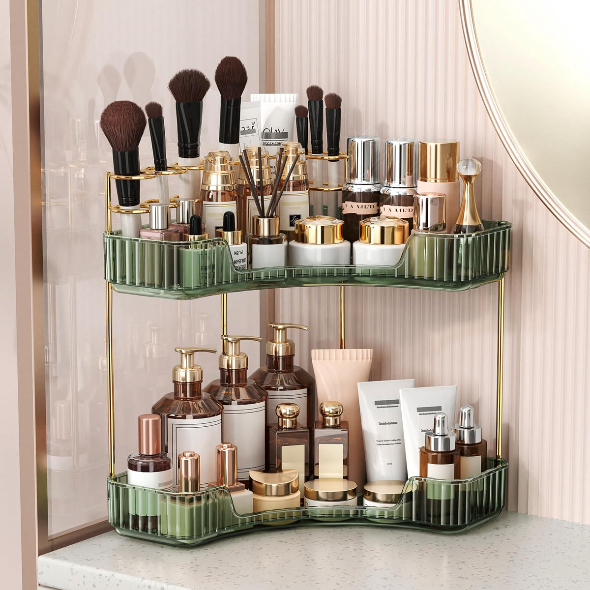 BEFSOP Corner Bathroom Counter Organizer, Upgraded 3-Tier Makeup Organizer Countertop with Makeup Brush Holder, Skincare Exquisite Vanity Organizers Countertop Bathroom Storage Dresser(CLEAR)