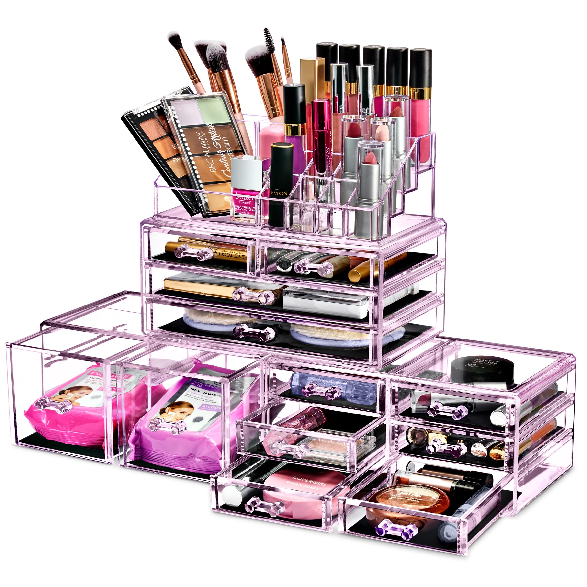 Sorbus Large Makeup Organizer - Clear Stackable Jewelry Makeup Organizer for Vanity, Bathroom Storage Display Case - 12 Drawers Cosmetic Beauty Organizers and Storage with Lipstick Makeup Brush Holder