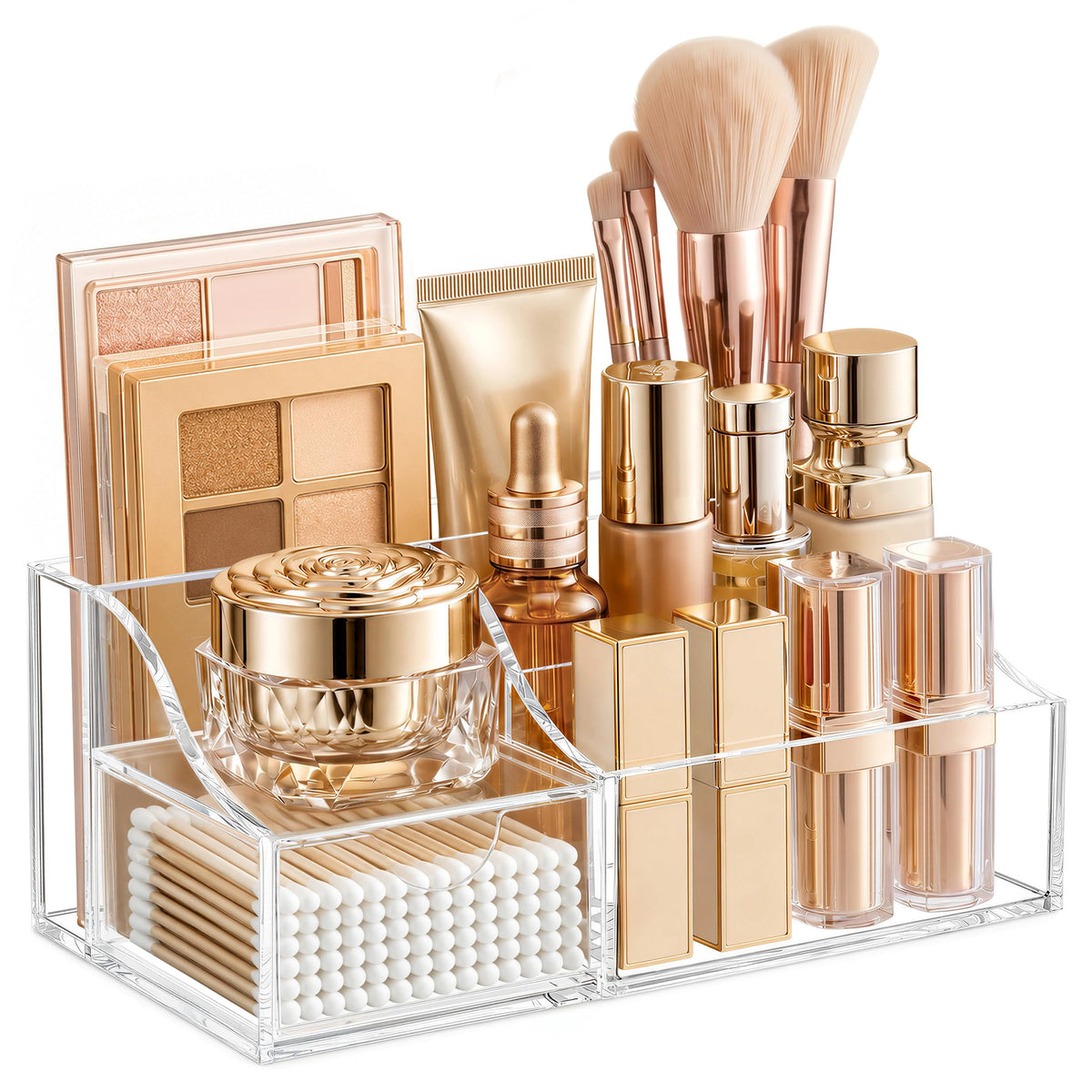 HBlife Makeup Organizer with Drawer – Cosmetic Storage for Vanity, Bathroom Countertop & Dresser, Skincare Organizer with Brush Holder, Beauty Display Case (White)