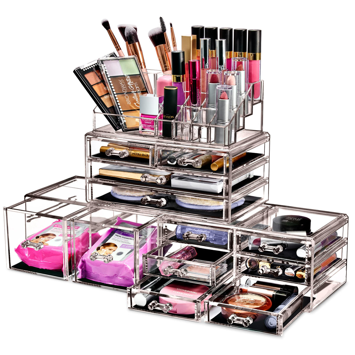 Sorbus Large Makeup Organizer - Clear Stackable Jewelry Makeup Organizer for Vanity, Bathroom Storage Display Case - 12 Drawers Cosmetic Beauty Organizers and Storage with Lipstick Makeup Brush Holder