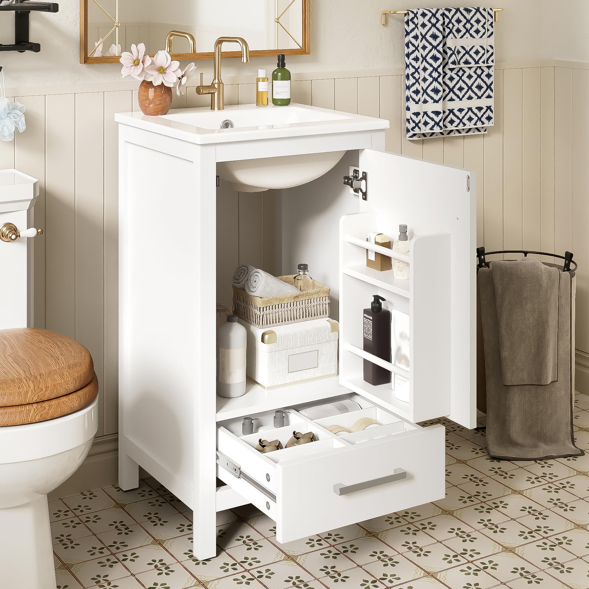 Virubi 20 in Small Bathroom Vanity with Sink, Soft Closing Door,Tilt-Out Drawer and Adjustable Shelf,Solid Wood Frame Modern Single Bathroom Sink Cabinet with Storage, Freestanding, Natural Wood