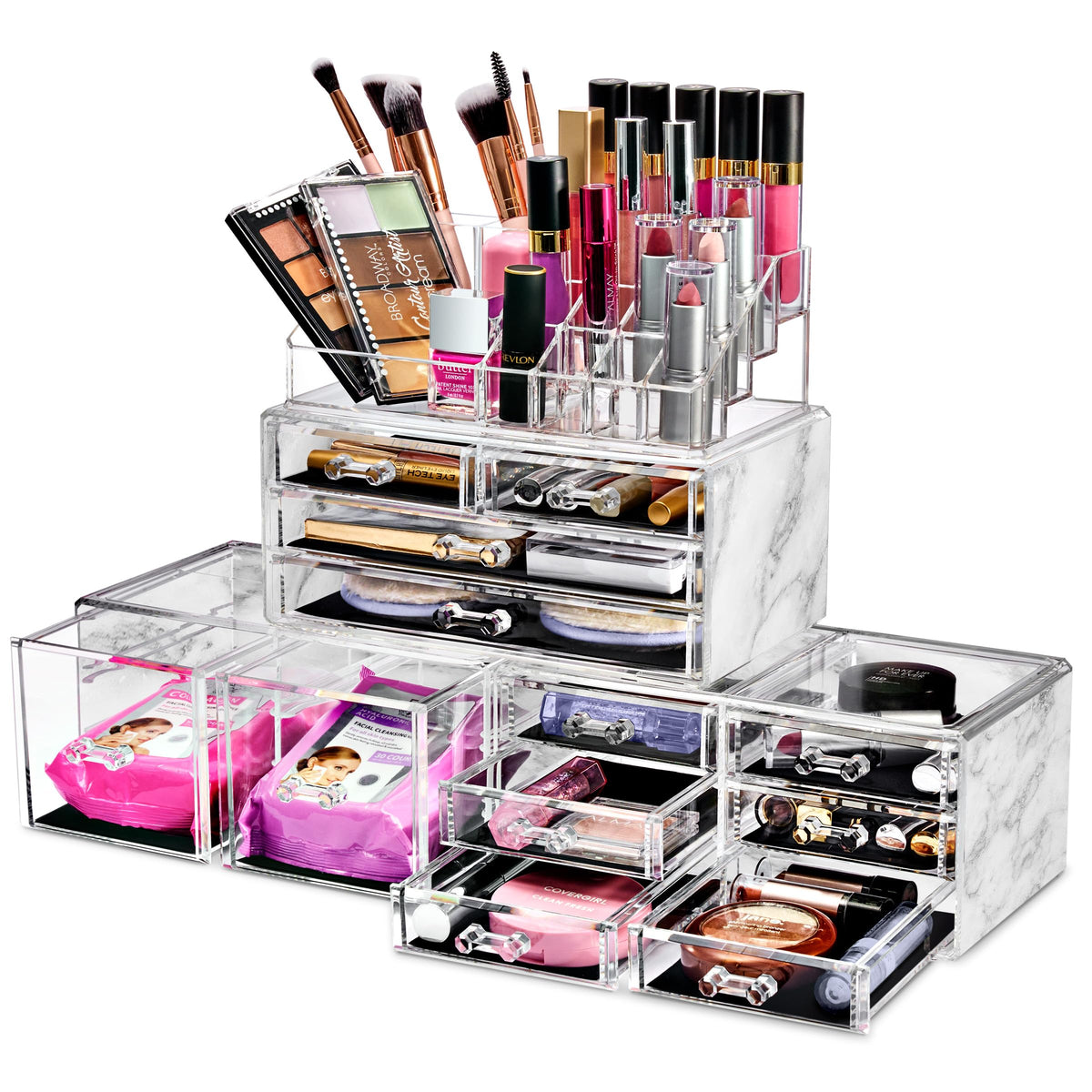 Sorbus Large Makeup Organizer - Clear Stackable Jewelry Makeup Organizer for Vanity, Bathroom Storage Display Case - 12 Drawers Cosmetic Beauty Organizers and Storage with Lipstick Makeup Brush Holder
