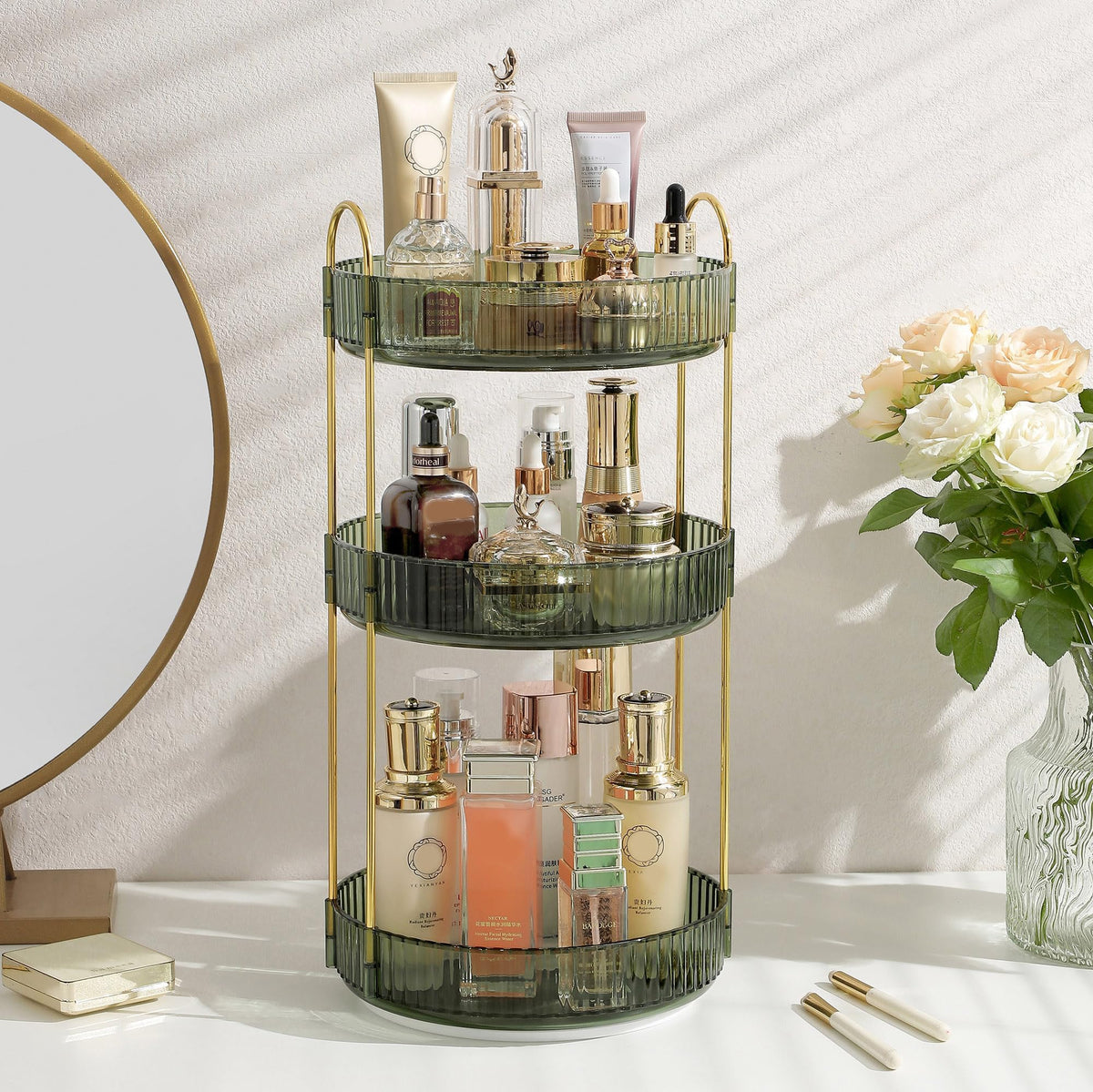 Aveniee 3-Tier 360° Rotating Makeup Organizer, Clear Spinning Perfume Cosmetic Storage for Vanity Countertop, Sturdy Metal Pole Skincare Holder Stand for Bathroom Dresser, White