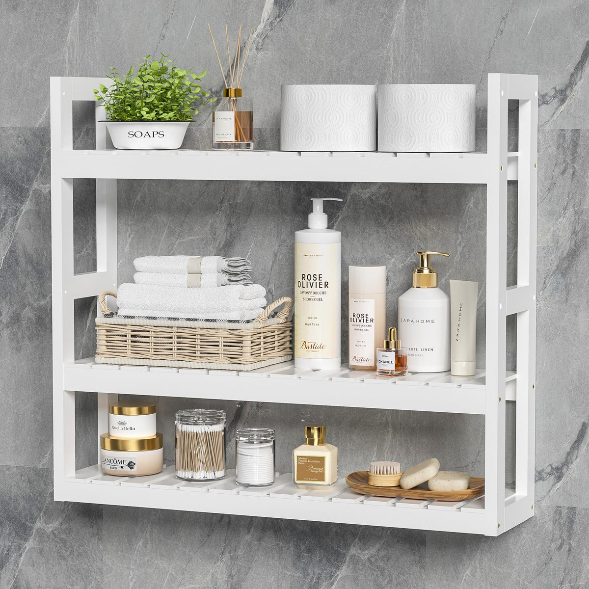 Domax Bamboo Bathroom Shelf 3-Tier Wall Mount Storage Rack Multifunctional Adjustable Layer Free Standing Over Toilet Utility Shelves Living Room Kitchen (Black)