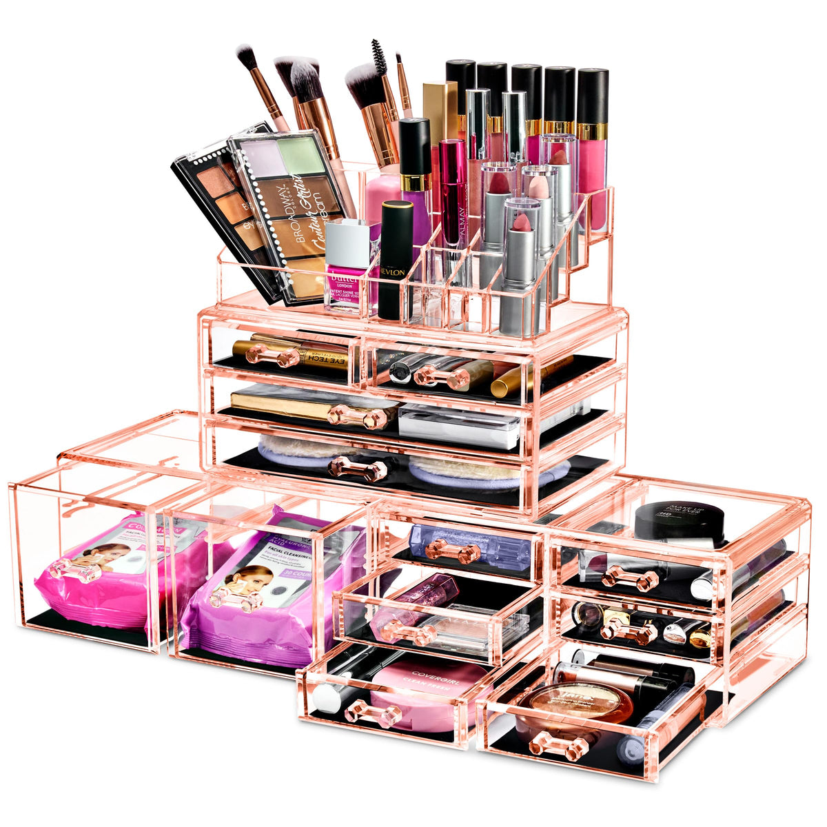 Sorbus Large Makeup Organizer - Clear Stackable Jewelry Makeup Organizer for Vanity, Bathroom Storage Display Case - 12 Drawers Cosmetic Beauty Organizers and Storage with Lipstick Makeup Brush Holder