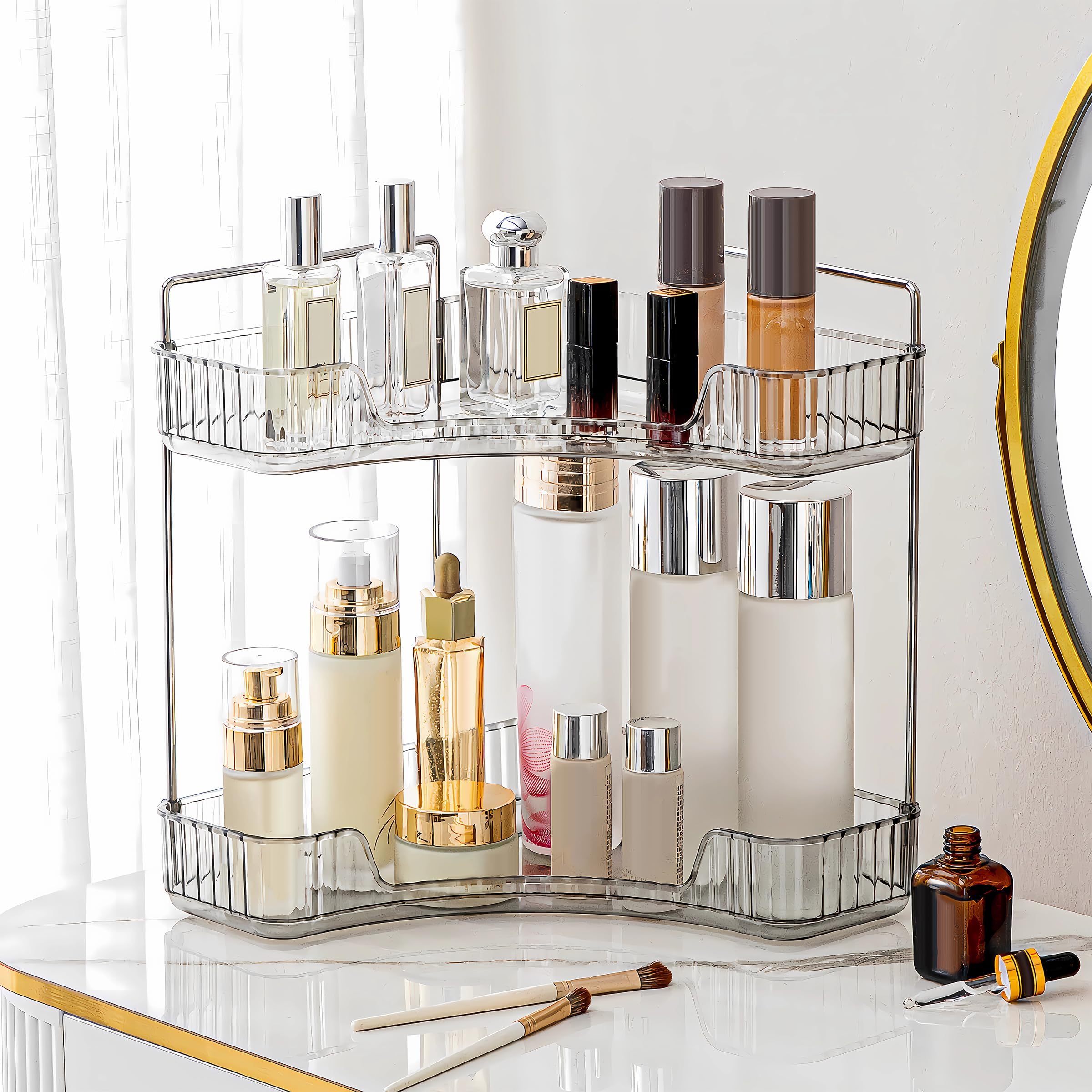 Corner Bathroom Counter Organizer Bathroom Countertop Shelf Makeup Organizer for Vanity Perfume Tray for Corner Storage (2 Tiers, Blue)