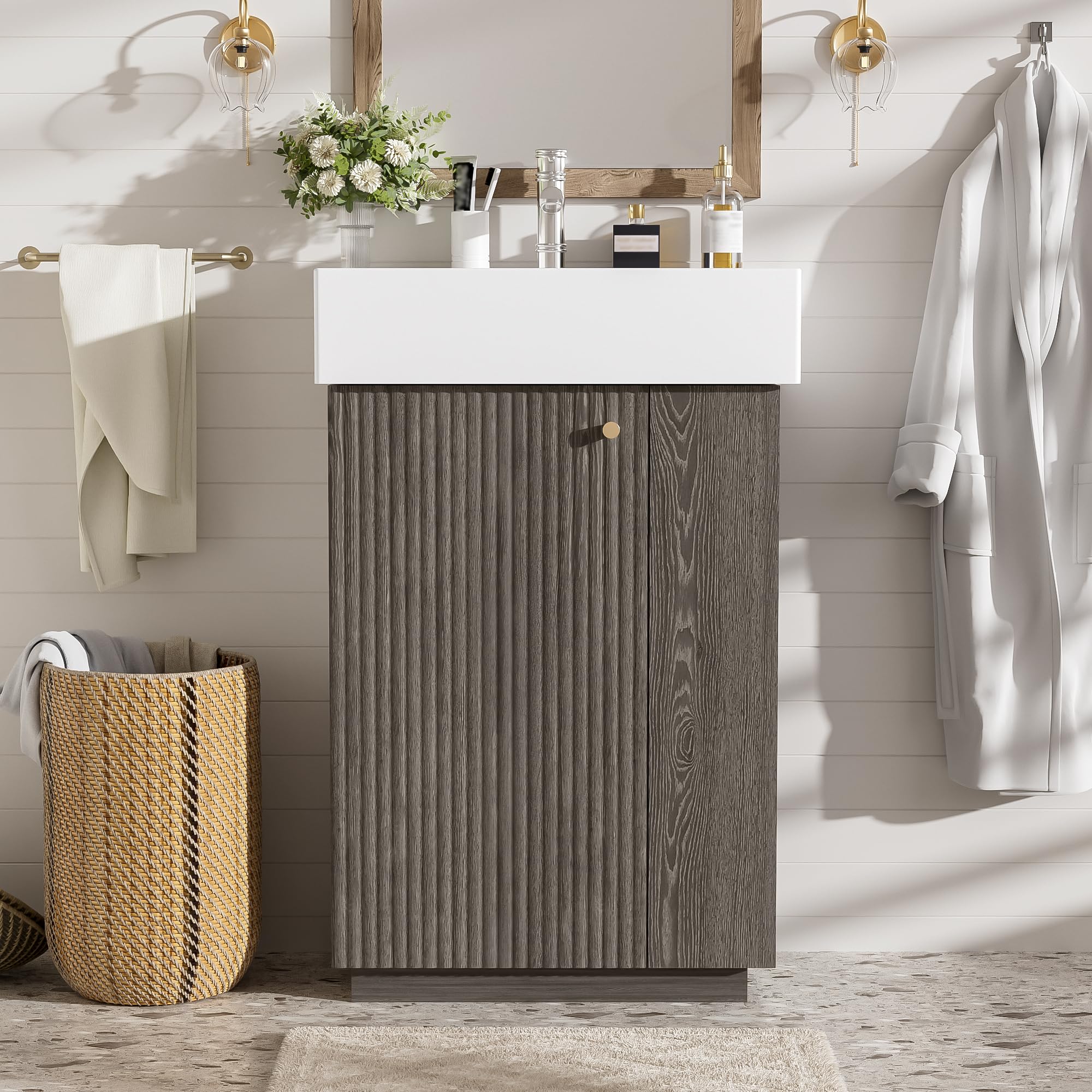 Virubi 20 in Small Bathroom Vanity with Sink, Soft Closing Door,Tilt-Out Drawer and Adjustable Shelf,Solid Wood Frame Modern Single Bathroom Sink Cabinet with Storage, Freestanding, Natural Wood