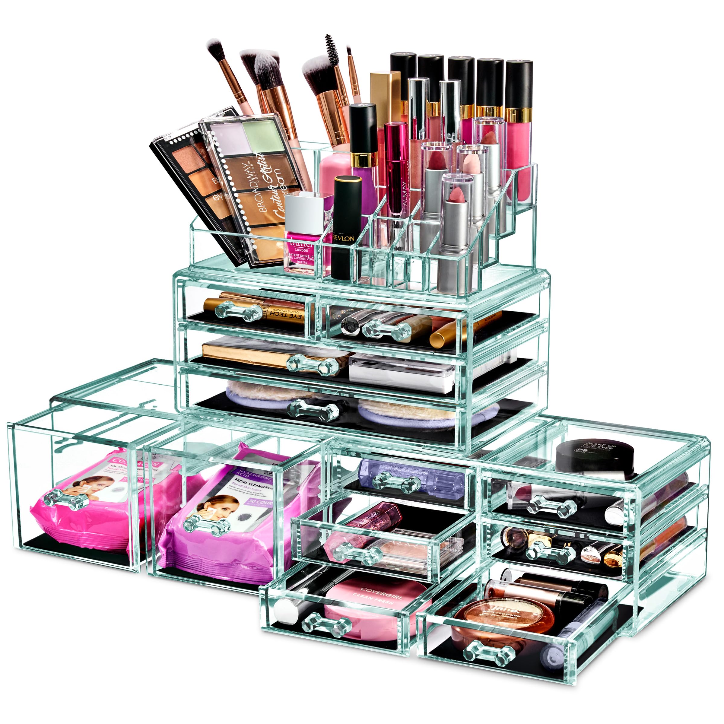 Sorbus Large Makeup Organizer - Clear Stackable Jewelry Makeup Organizer for Vanity, Bathroom Storage Display Case - 12 Drawers Cosmetic Beauty Organizers and Storage with Lipstick Makeup Brush Holder