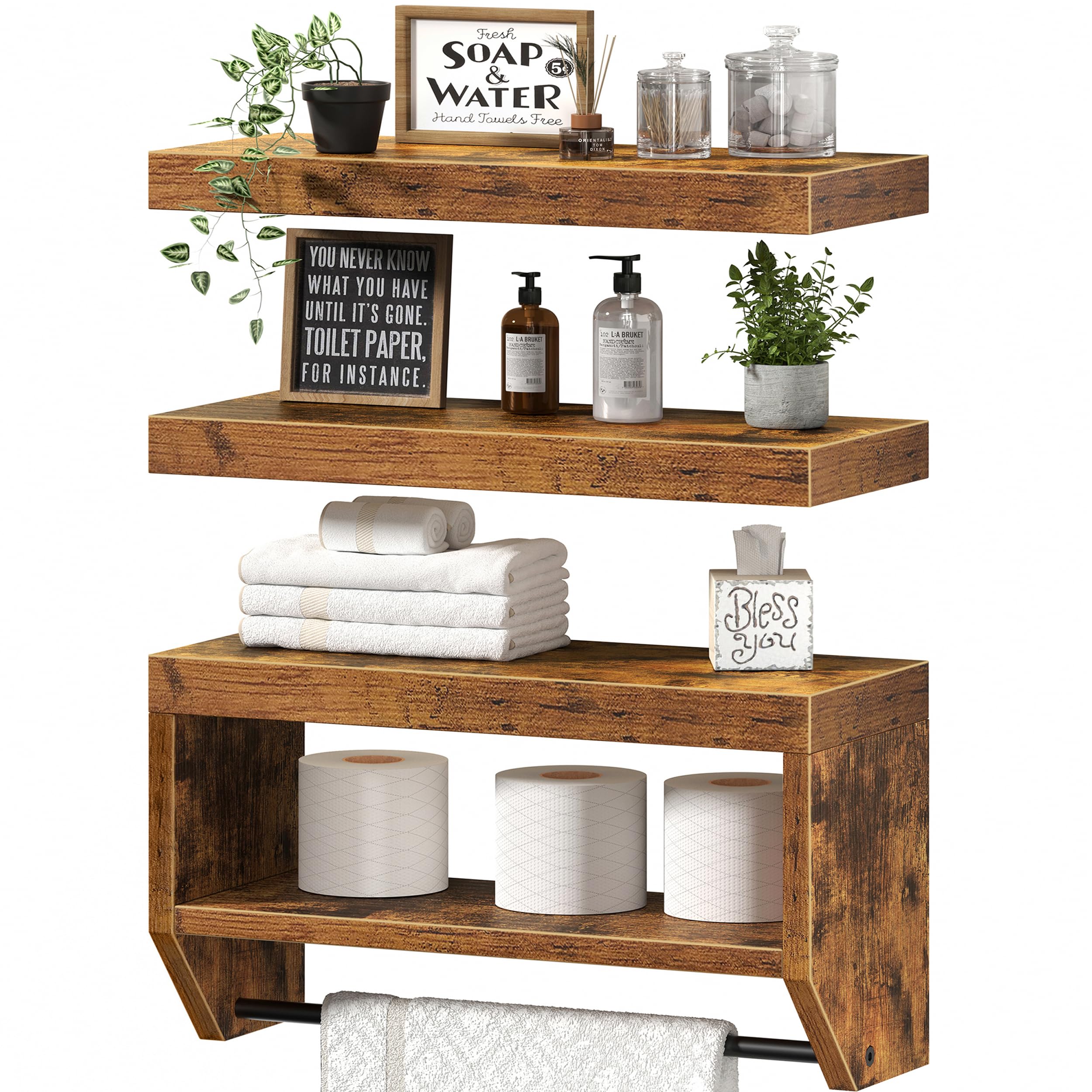 QEEIG Bathroom Wall Shelf Floating Shelves (Black, Set of 3,15.7")