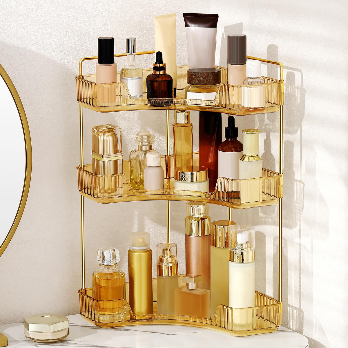 Corner Bathroom Counter Organizer Bathroom Countertop Shelf Makeup Organizer for Vanity Perfume Tray for Corner Storage (2 Tiers, Blue)