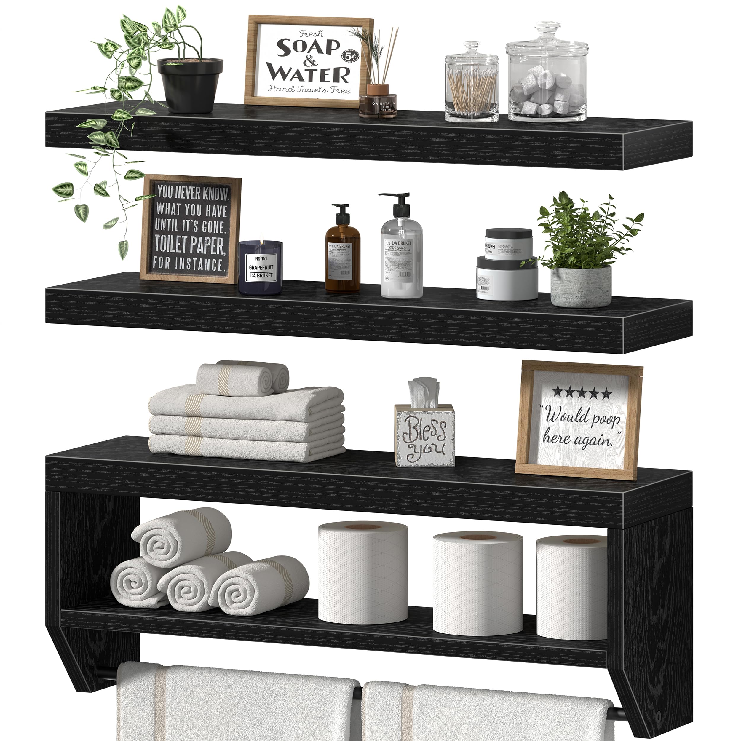 QEEIG Bathroom Wall Shelf Floating Shelves (Black, Set of 3,15.7")