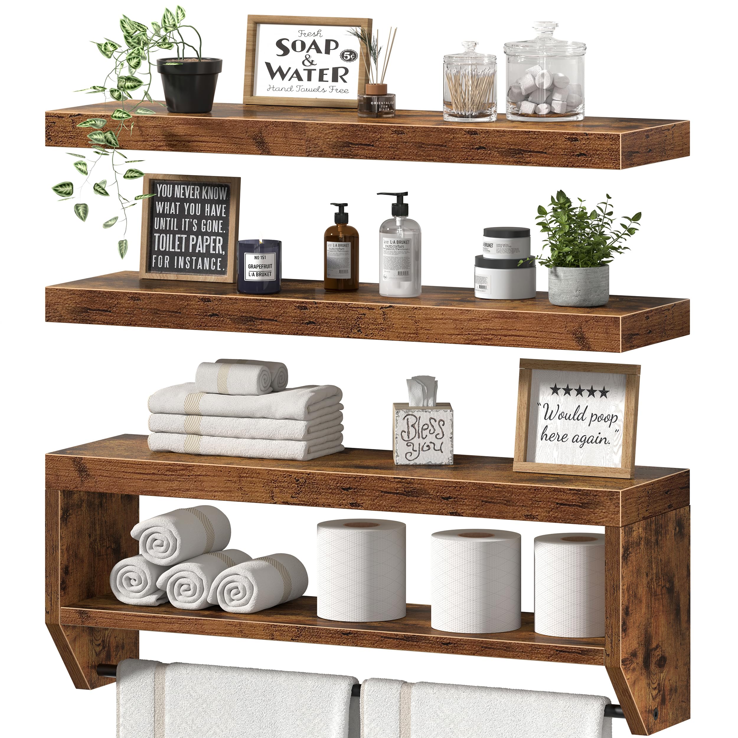 QEEIG Bathroom Wall Shelf Floating Shelves (Black, Set of 3,15.7")