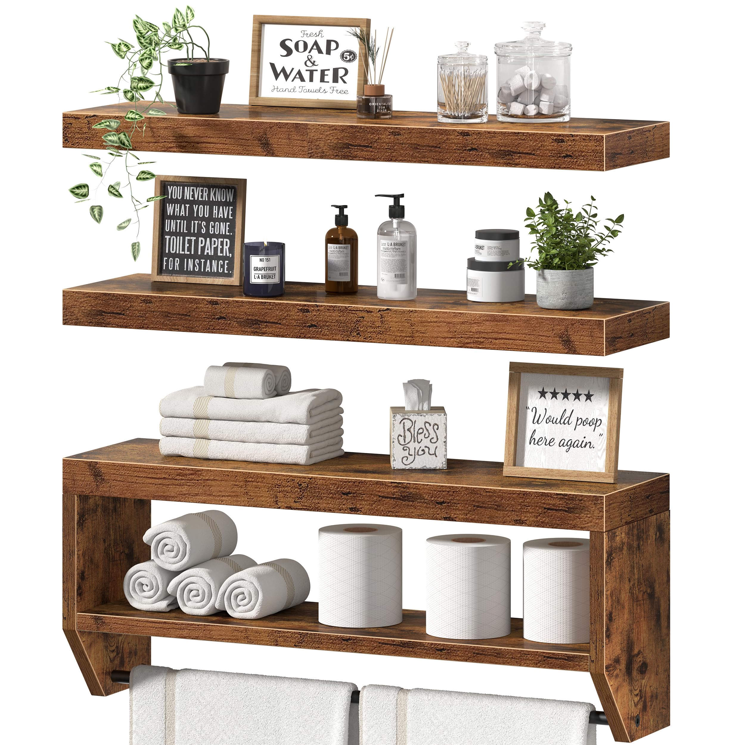QEEIG Bathroom Wall Shelf Floating Shelves (Black, Set of 3,15.7")